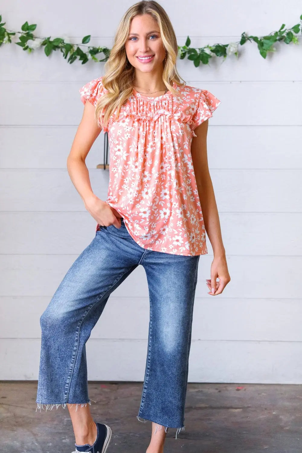 Peach Floral Print Frilled Short Sleeve Yoke Top for Women | Summer Blouse | Casual & Party Wear
