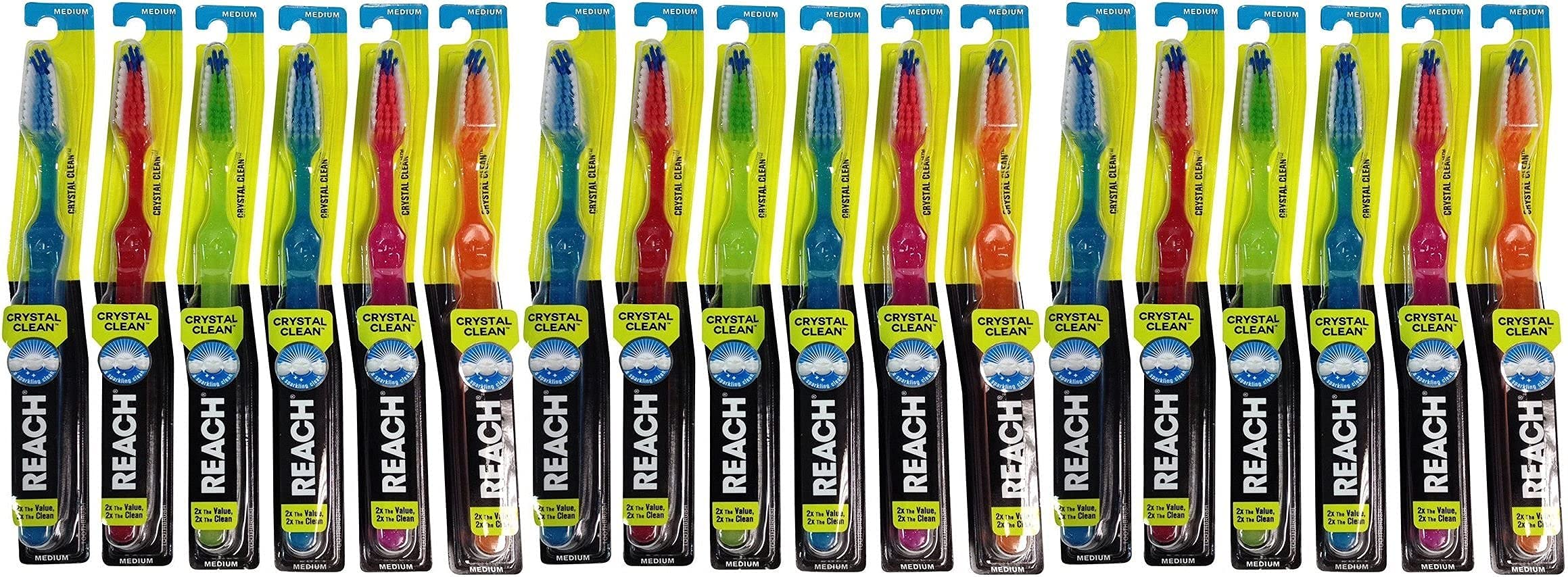Reach Crystal Clean Toothbrush - Medium Bristles #11 (Pack of 18) - Assorted Colors for Adults & Kids - Perfect for Home, Travel & Dental Hygiene Care