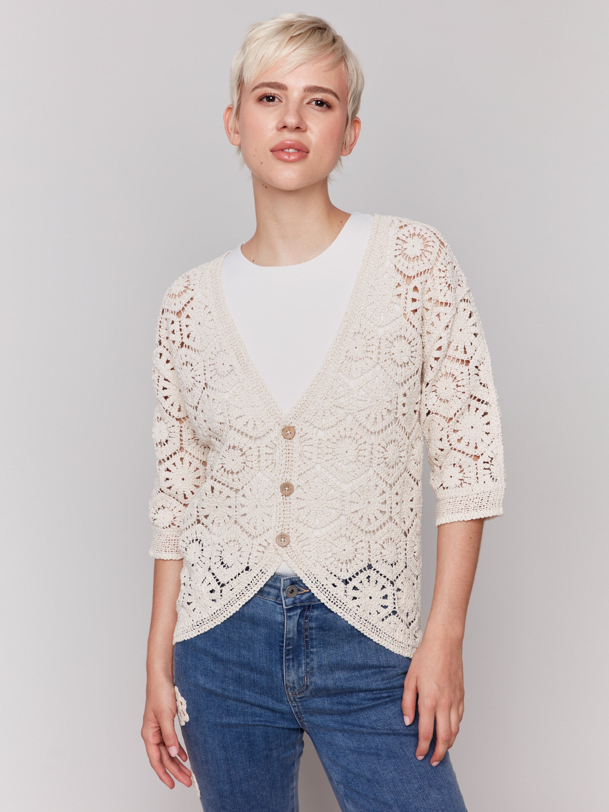 3/4 Sleeve Crochet Cardigan Women's Natural Cotton Boho Chic Lace Knit Sweater for Spring & Fall Layering | Perfect for Casual Outfits, Beach Cover-Ups, and Cozy Evenings
