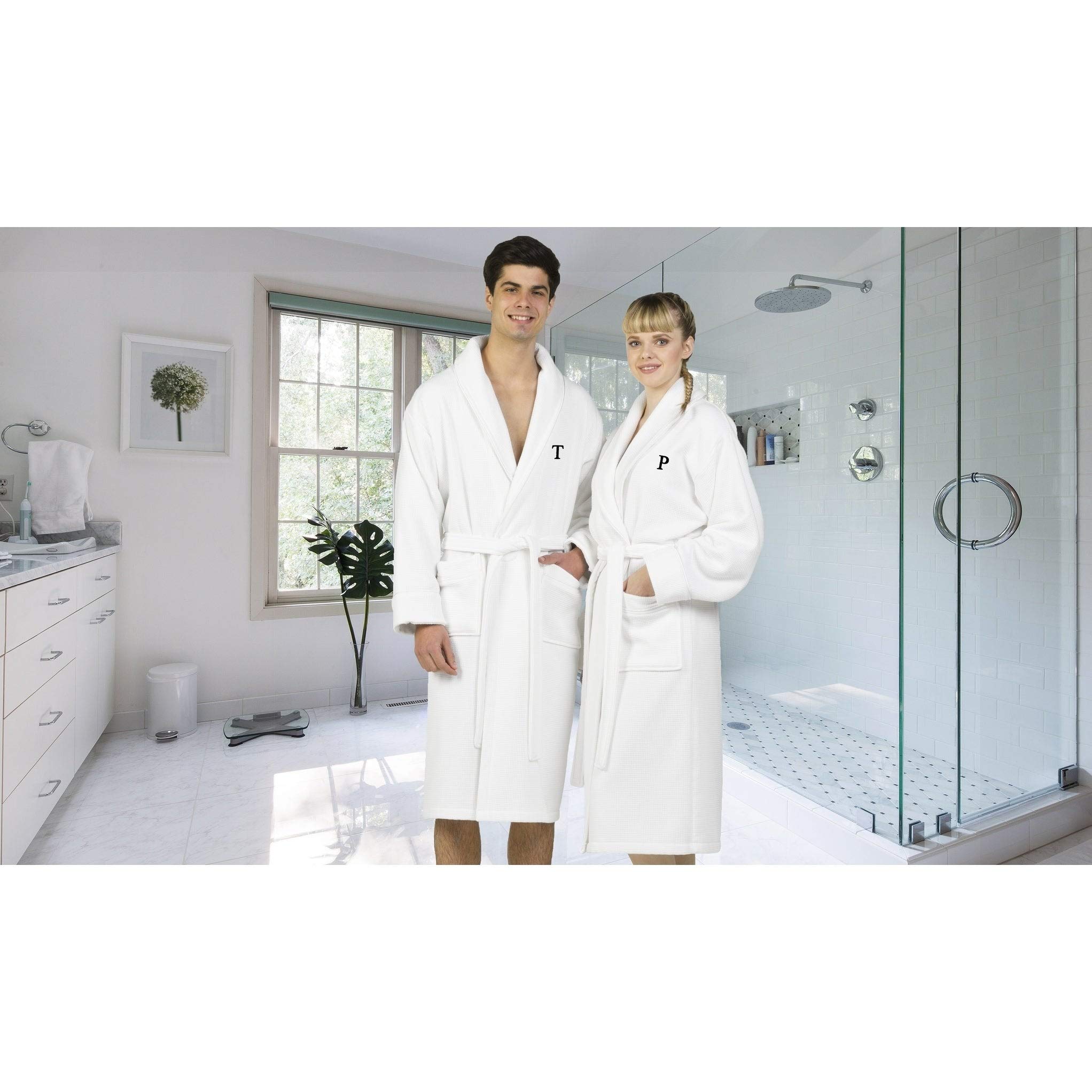 Premium White Unisex Turkish Cotton Waffle Weave Terry Bathrobe with Black Monogram - Soft & Absorbent - Sizes Q L-XL - Perfect for Spa, Hotel, and Home Relaxation