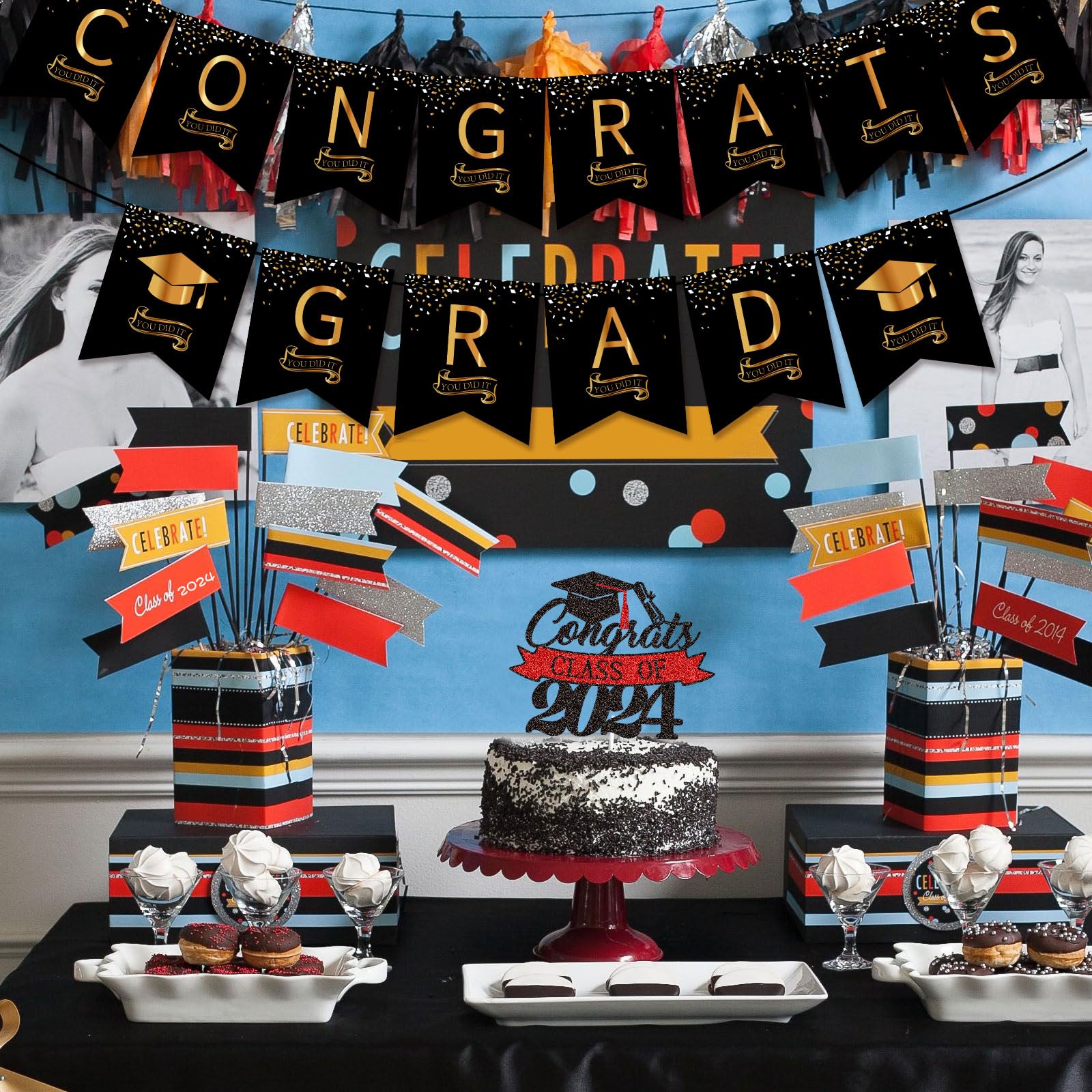 Class of 2024 Graduation Banner - Black & Gold Congrats Grad Decorations for 2024 Graduation Party, Wall Decor & Photo Backdrop - Perfect for High School & College Graduation Celebrations