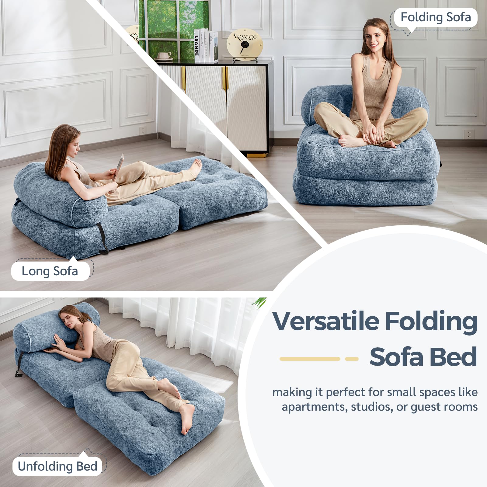 MAXYOYO Folding Sofa Bed - Convertible Boucle Sleeper Chair with Bolster Pillow | Multi-Functional Floor Sofa Lounge for Living Room, Bedroom & Small Spaces | Dusty Blue | Perfect for Guest Sleeping, Relaxing & Space Saving