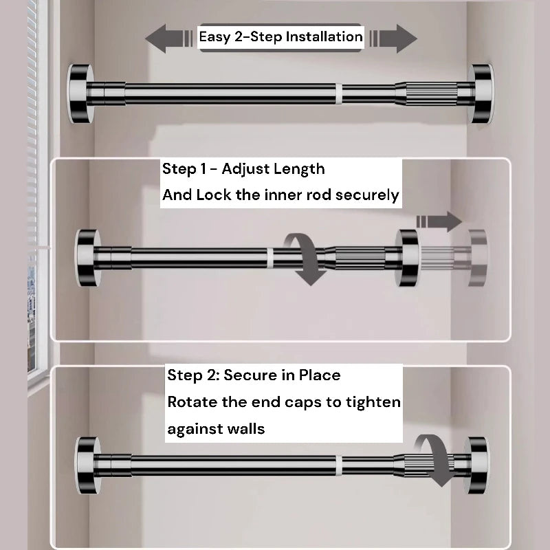 Alana 1.1 Inch Adjustable Metal Spring Tension Curtain Rod - Perfect for Windows, Doors, and Closet Organization