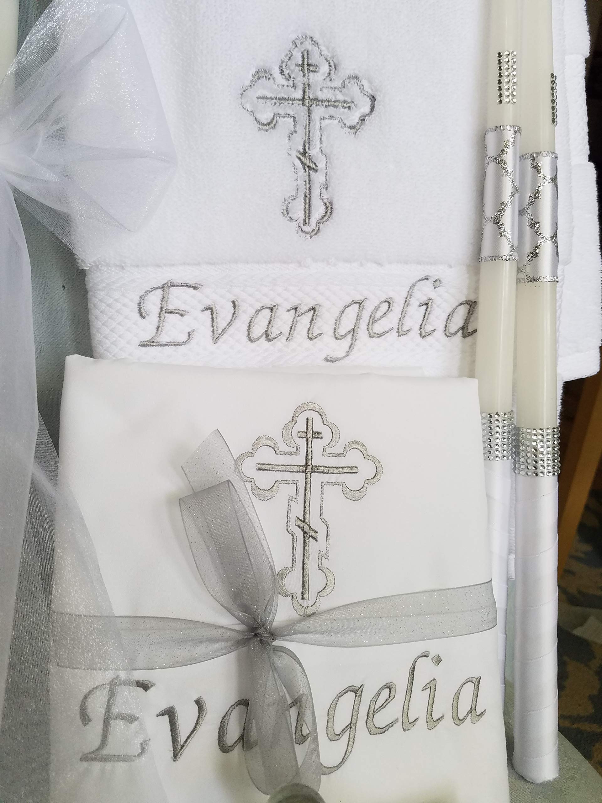 Greek Orthodox Baptism Complete Set - Personalized Embroidered Baptism Towel, Candles, Oil Sheet & Soap Bottle | Christening Gift for Babies & Religious Ceremonies
