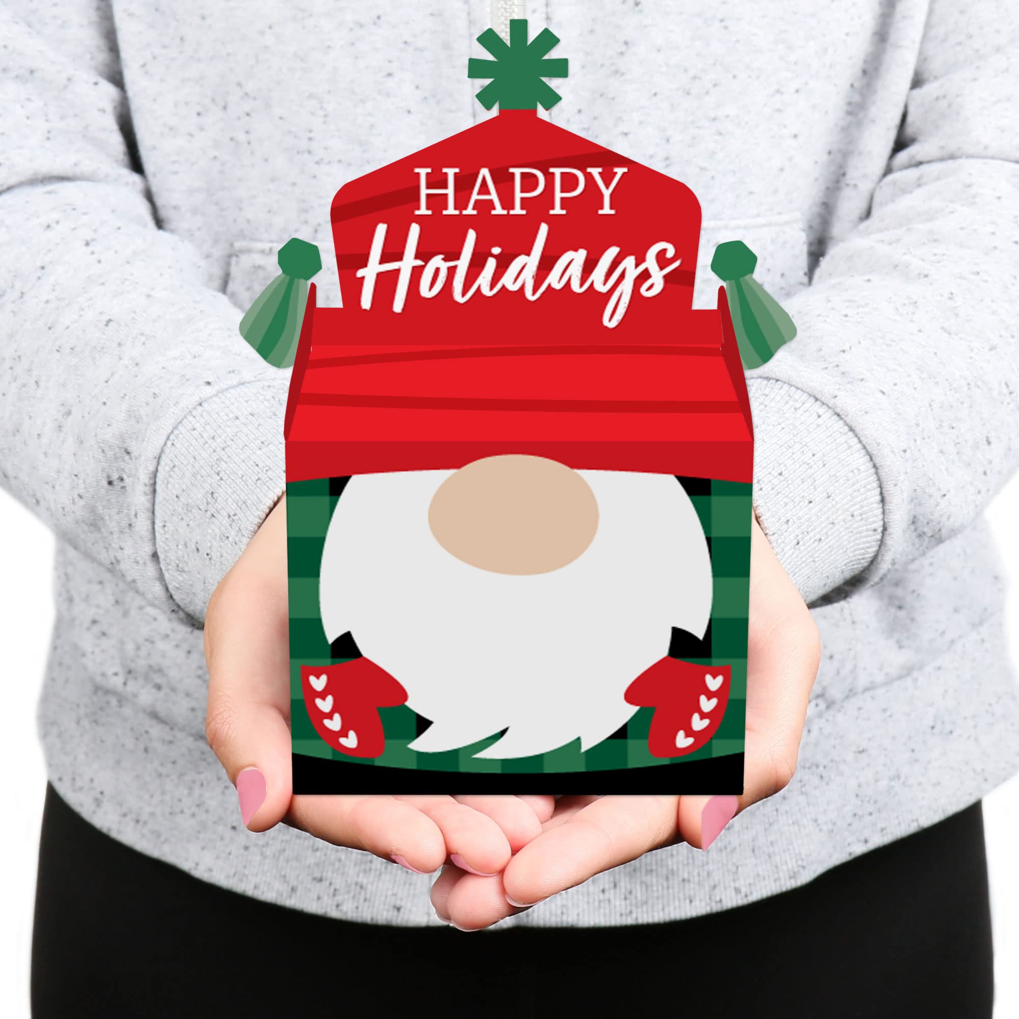 Festive Red & Green Holiday Gnomes Treat Boxes - Christmas Party Favors & Goodie Gable Boxes (Set of 12) - Perfect for Christmas Celebrations, Office Parties & Gift Exchanges