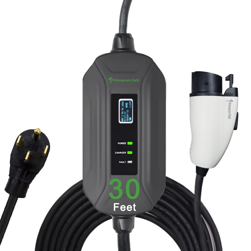 PRIMECOM Level 2 EV Charger 16A 240V - Portable Smart Car Charger for Home & Travel (30ft)