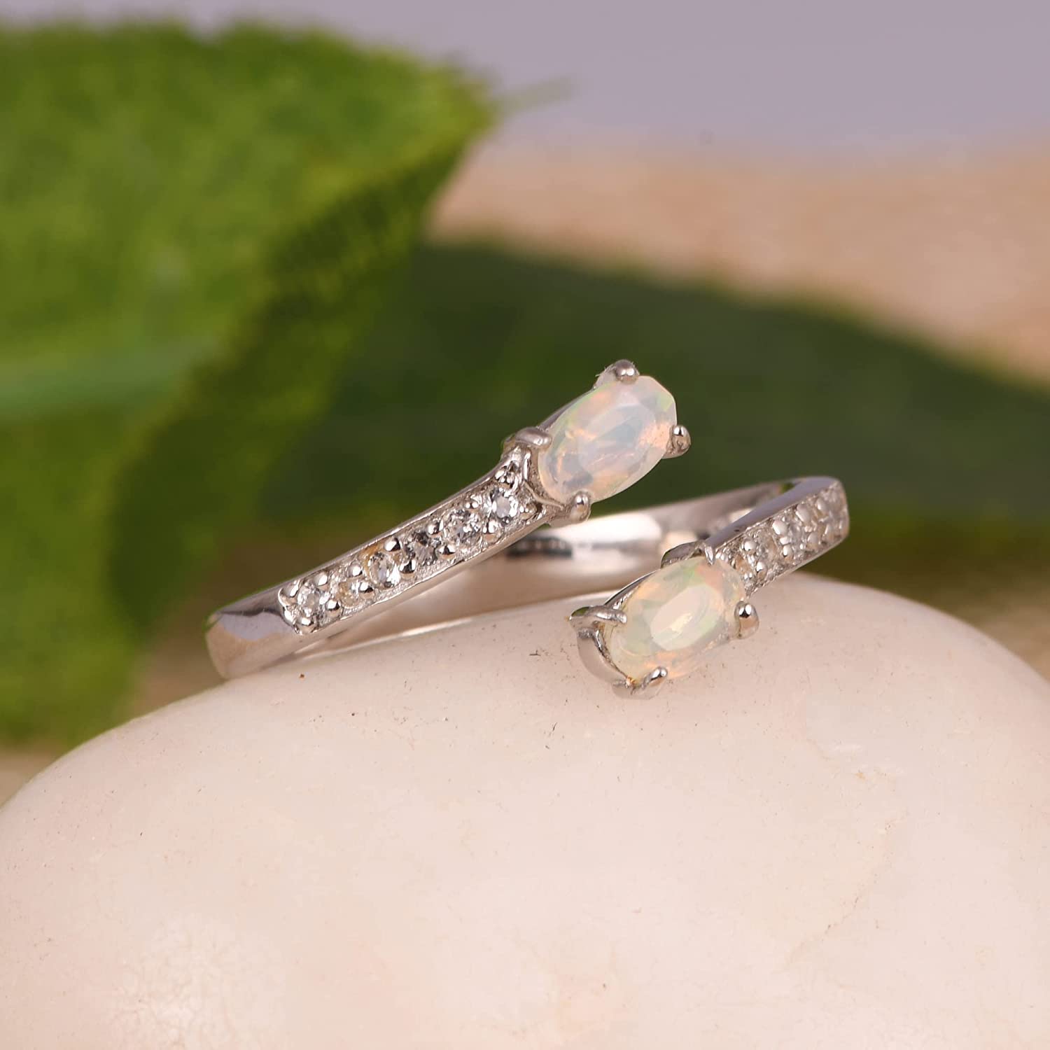 925 Sterling Silver Round Natural White Topaz & Ethiopian Opal Gemstone Ring for Women - Anniversary, Engagement, Baby Shower Gift for Mom, Sister & Friends | Elegant Jewelry for Special Occasions & Everyday Wear (Size 5.5)