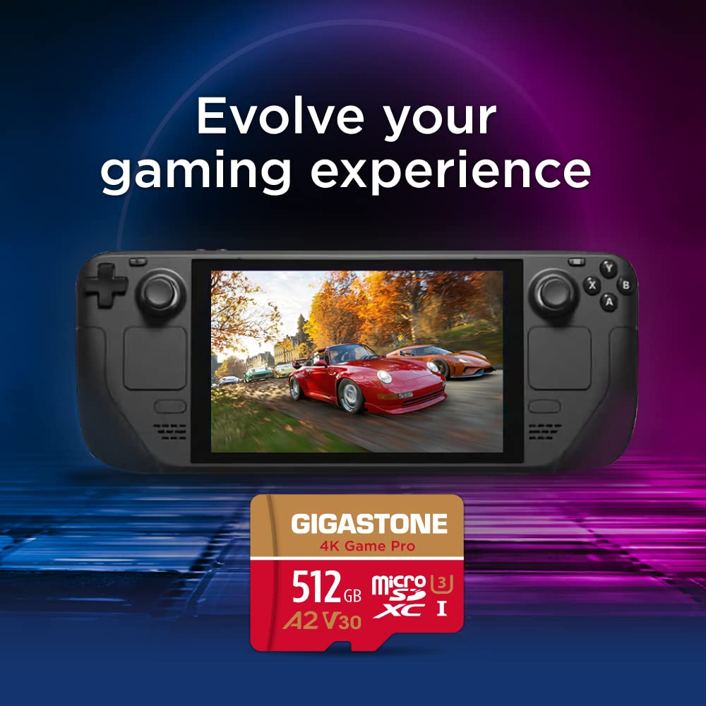 Gigastone 512GB 4K Game Pro Series Micro SDXC Card - A2 U3 V30, High Speed 100MB/s for Nintendo Switch, 4K UHD Videos & Gaming - Includes SD Adapter - Perfect for Portable Gaming, Action Camera Recording & Smartphone Storage Expansion