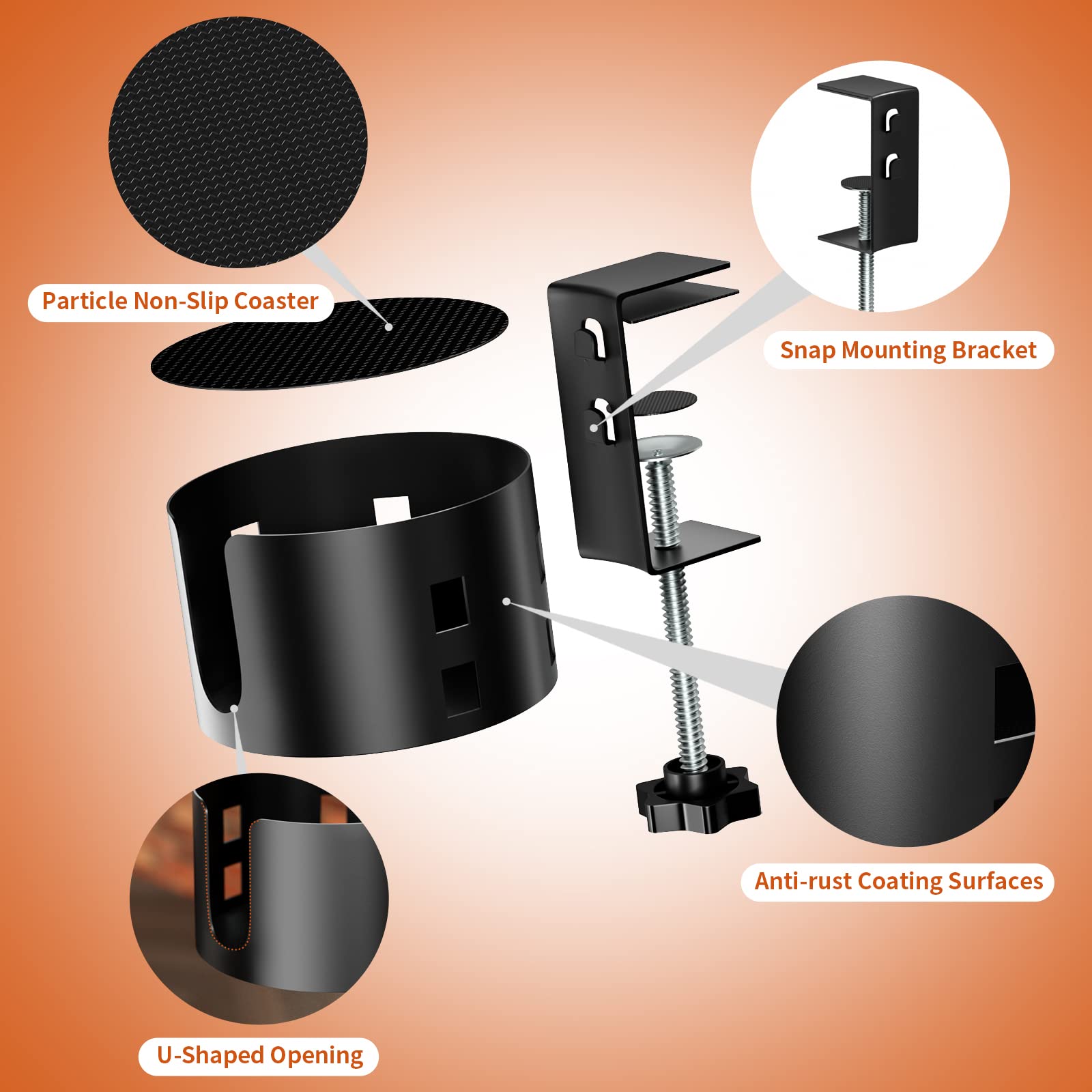 Upgraded Large Desk Cup Holder Clamp - OOKUU Anti-Spill Metal Office & Gaming Desk Accessory - Universal Fit for Cups, Bottles & Pencil Holders (Black) - Perfect for Workstations, Home Office & Gaming Setups