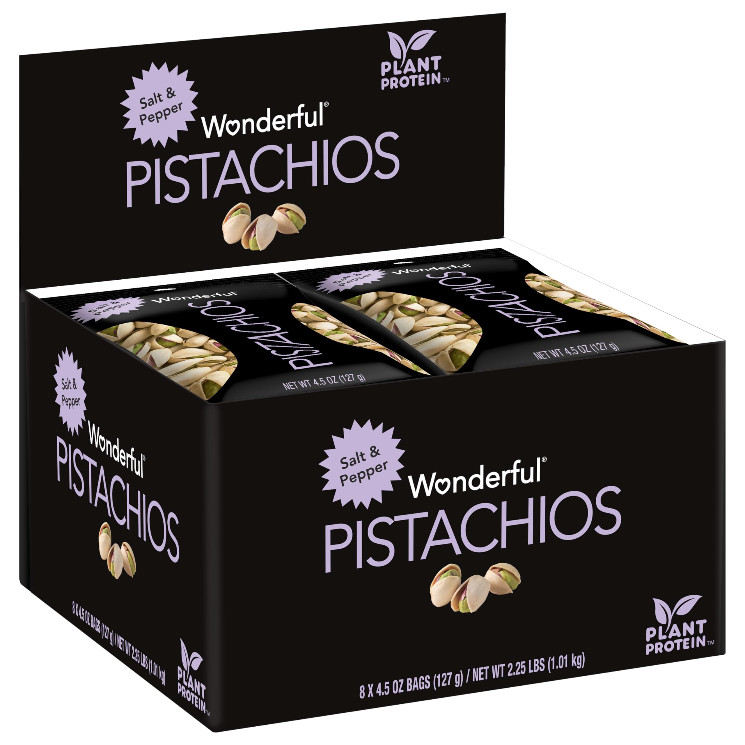 Wonderful Pistachios In Shell - Salt & Pepper Flavored Nuts, 4.5oz Bags (Pack of 8) | High Protein Snack, Gluten Free, Healthy | Perfect for Office Snacks, Road Trips & Party Platters