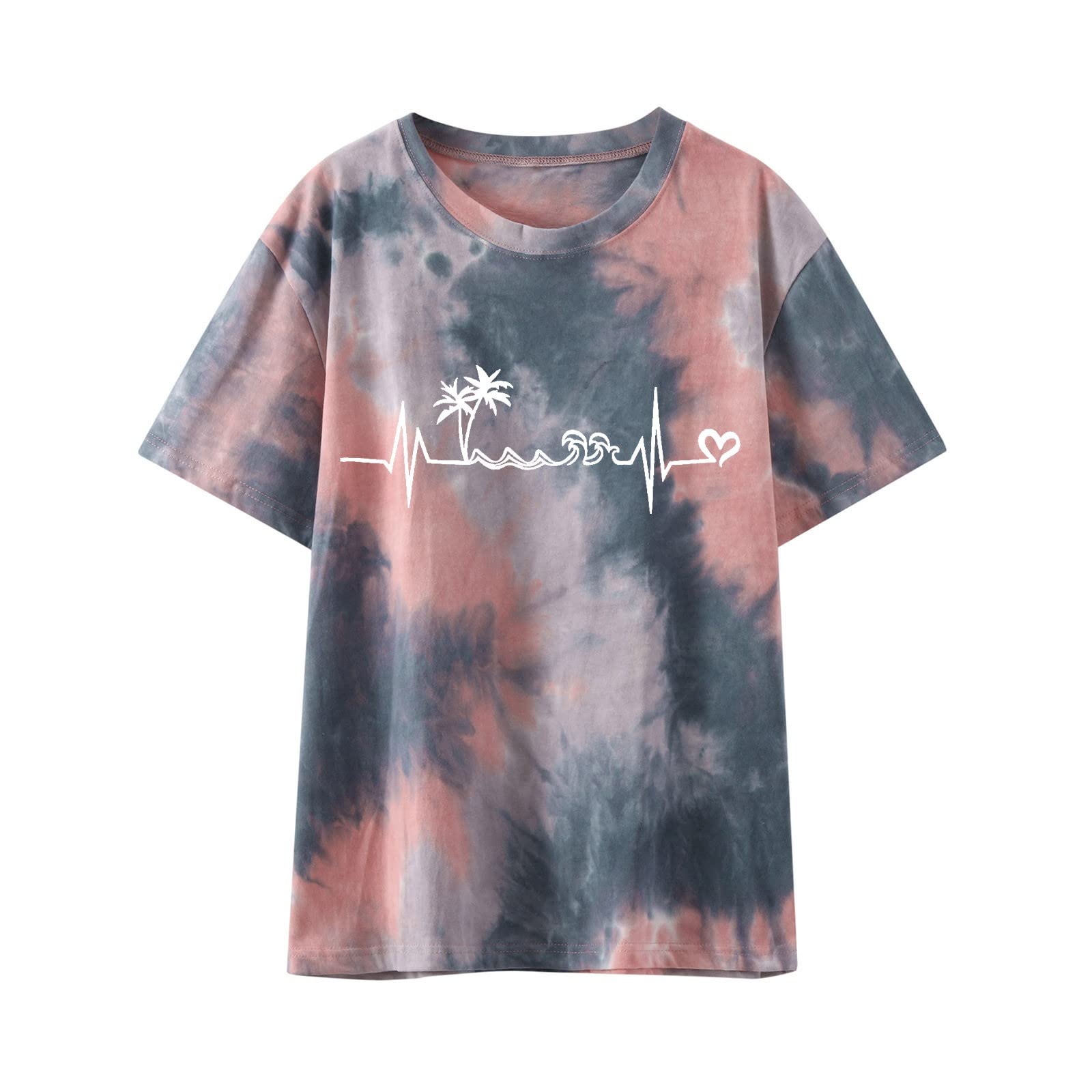 Trendy Floral Print Tie-Dye Women's Blouse - Casual Short Sleeve Crew Neck Shirt for Summer | Loose Comfort Fit Tops for Beach, Vacation & Everyday Wear