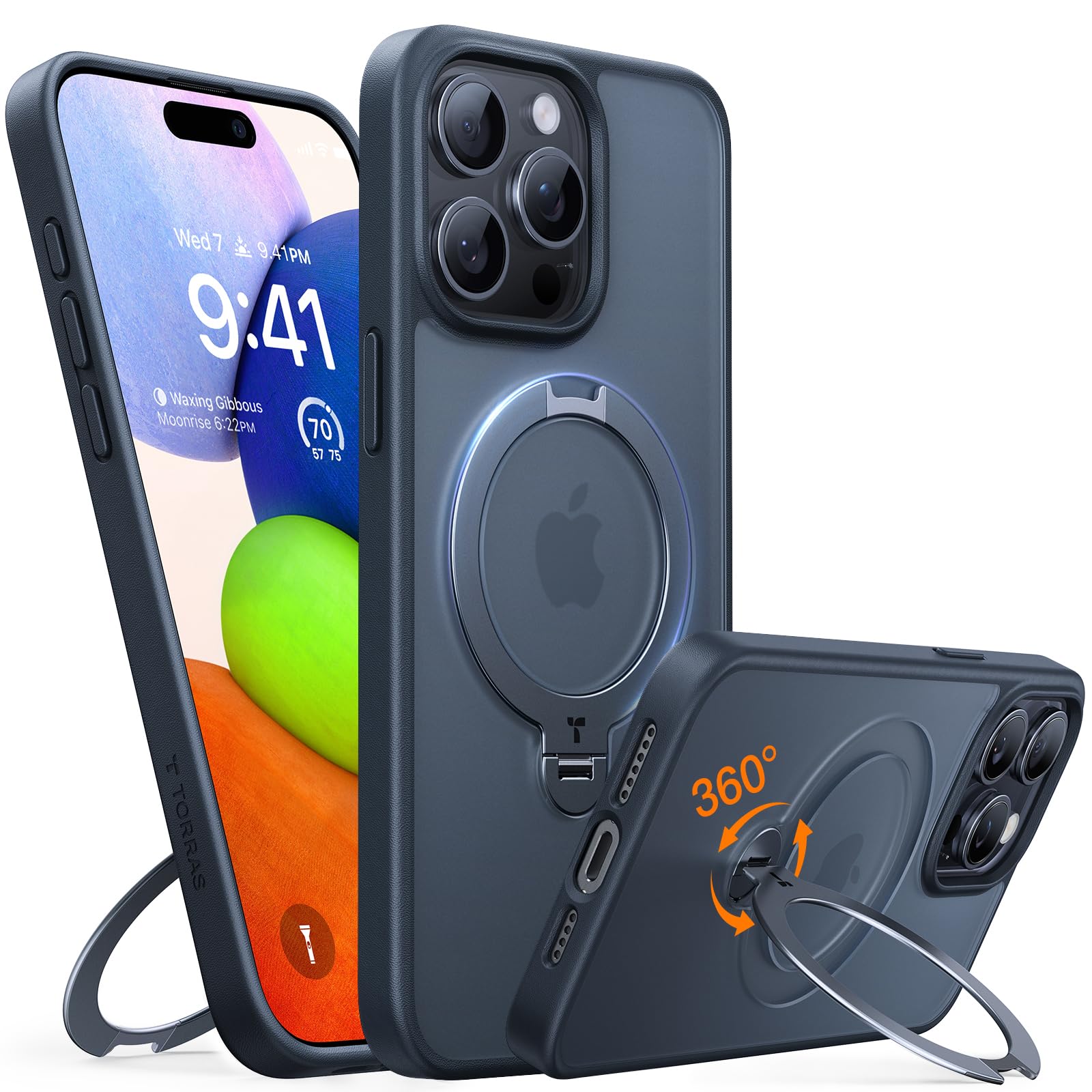 TORRAS Magnetic iPhone 15 Pro Max Case with 360° Rotating Stand - Slim Shockproof Translucent Cover Compatible with MagSafe | Military-Grade Protection, Built-in Kickstand & Ring Holder | Perfect for Work, Travel and Daily Use