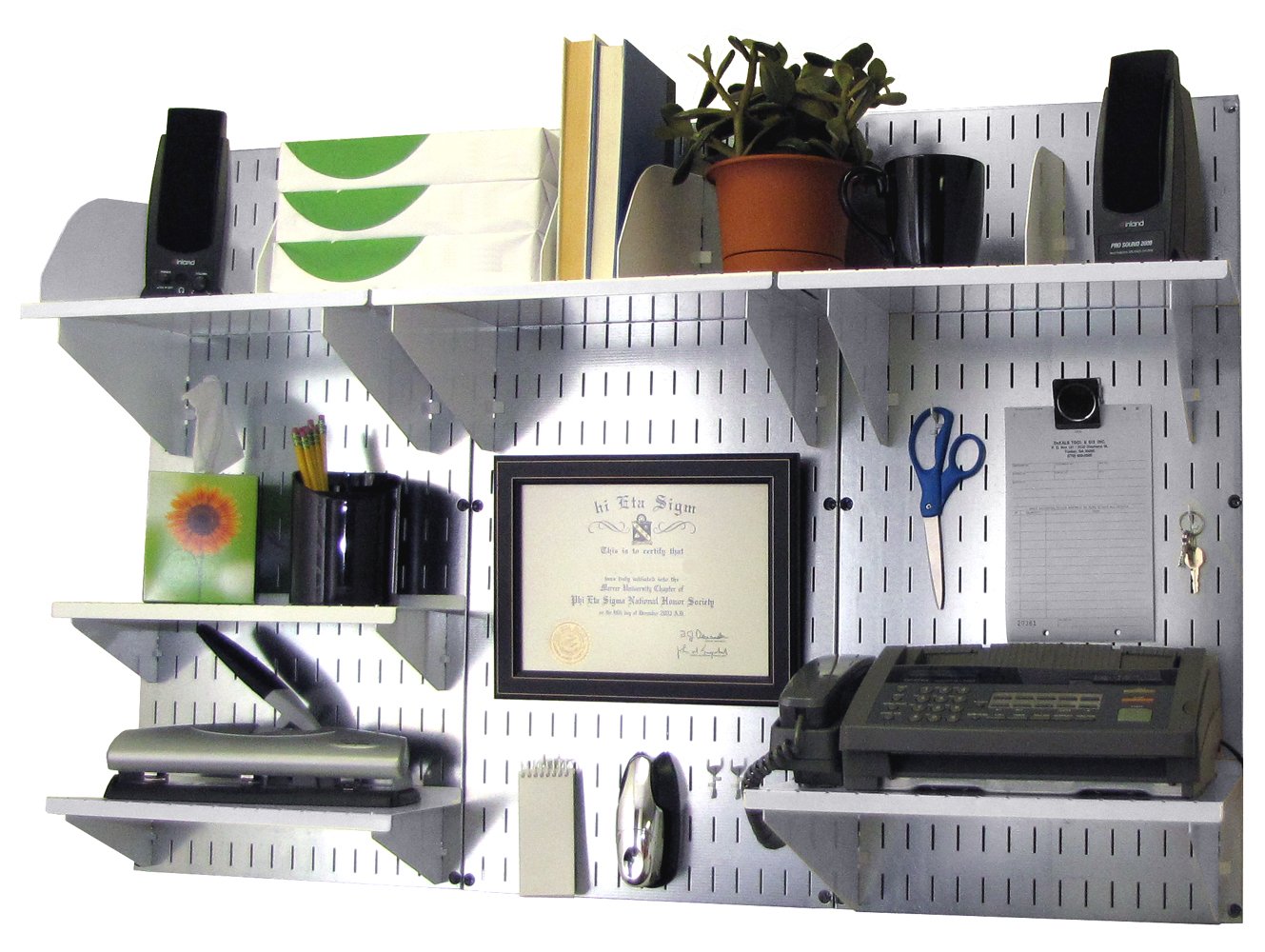Wall Control Office Organizer Unit - Wall Mounted Desk Storage Kit with Metallic Slotted Wallboards & White Accessories | Perfect for Home Office Organization & Workspace Efficiency