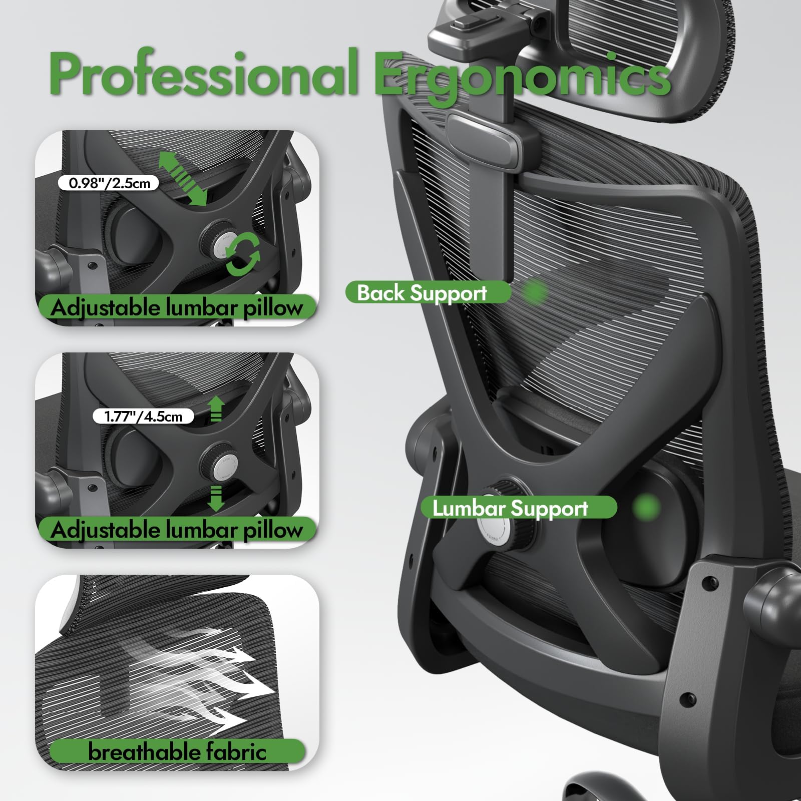 Ergonomic Office Chair with Lumbar Support & Headrest - Adjustable X-Shaped Computer Desk Chair for Home Office, Gaming & Work - Breathable Mesh Back, Comfortable Seat (Black) - Perfect for Long Hours Sitting, Online Meetings & PC Gaming