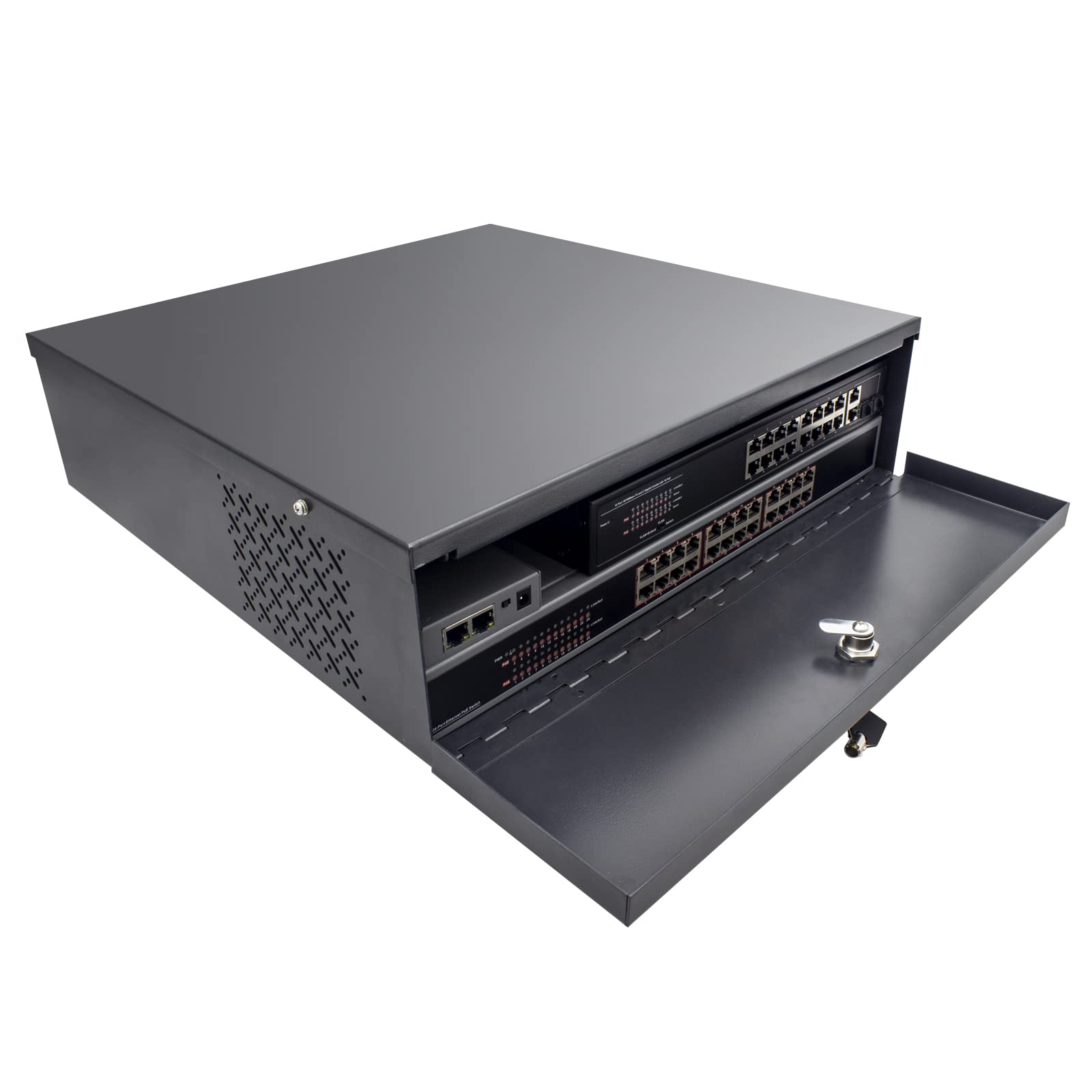 Heavy Duty 16 Gauge DVR/NVR Security Lock Box with Cooling Fan - 21x21x8 Inch Black Wall or Floor Mount Enclosure for Surveillance System Protection | Ideal for Home & Business Security