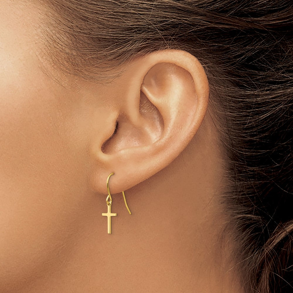 Gold Dangle Cross Shepherd Hook Earrings for Women - 14K Gold Plated Religious Jewelry - Perfect for Church, Weddings & Everyday Wear - Model TM788