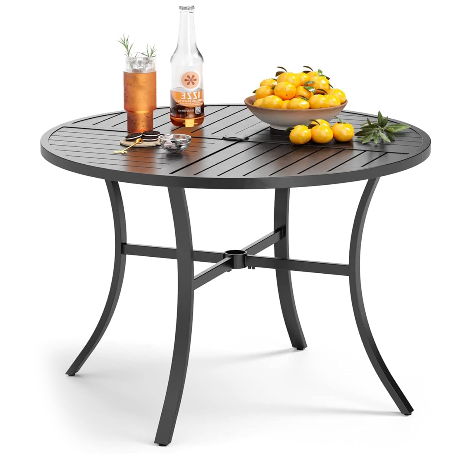 PHI VILLA 42 Inch Round Outdoor Dining Table for 4 People - Weatherproof Wrought Iron Metal Patio Table with Umbrella Hole - Perfect for Backyard, Garden, Deck, Porch & Poolside Dining - Black