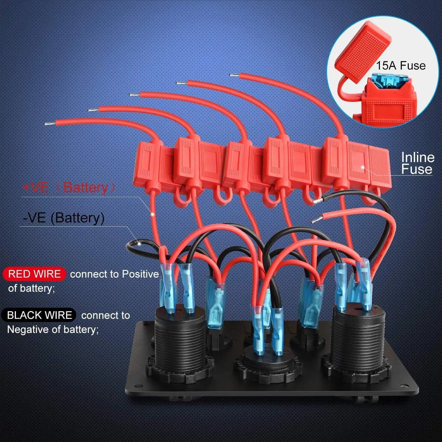 5 Gang Red Rocker Switch Panel with Dual USB Ports & Voltmeter - Waterproof Fuse Box for Marine, RV, Truck, and Boat Electrical Systems