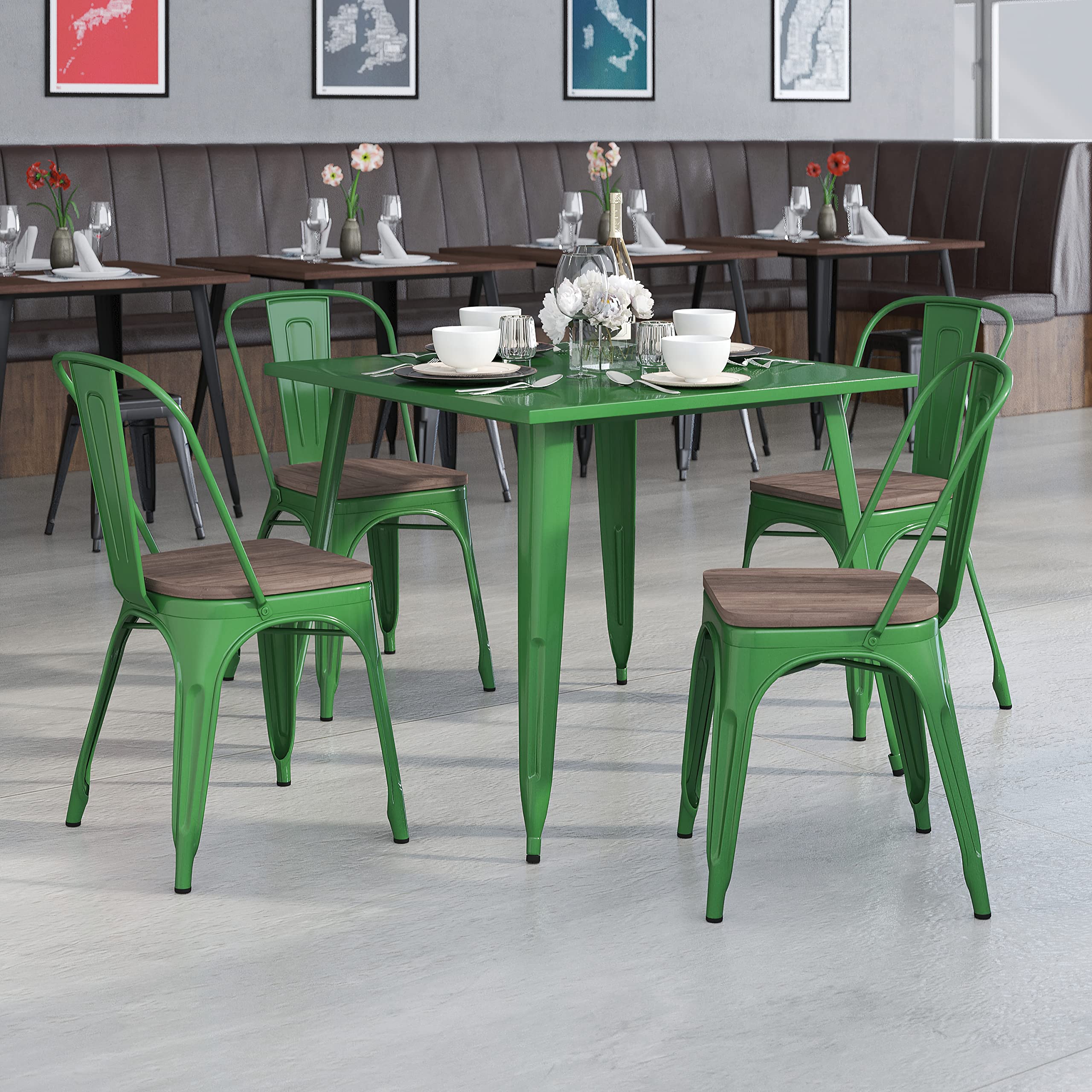 4 Pack Green Metal Stackable Chairs with Wood Seat - Commercial Restaurant & Bistro Chairs - Durable Indoor Outdoor Dining Chairs for Cafe, Patio, Kitchen, and Home Decor