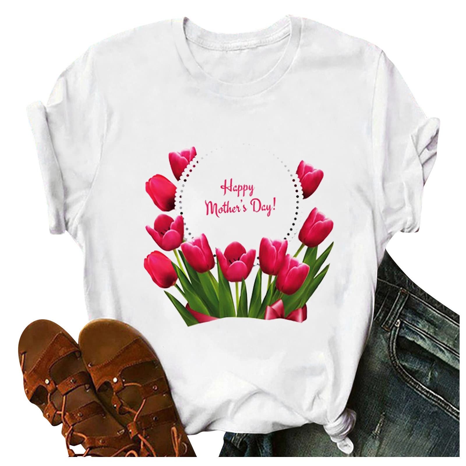 Funny Mother's Day T-Shirts for Women - Trendy Floral Letter Print Short Sleeve Graphic Tees | Perfect Gift for Mom, Birthday, Family Reunion & Summer Outfits