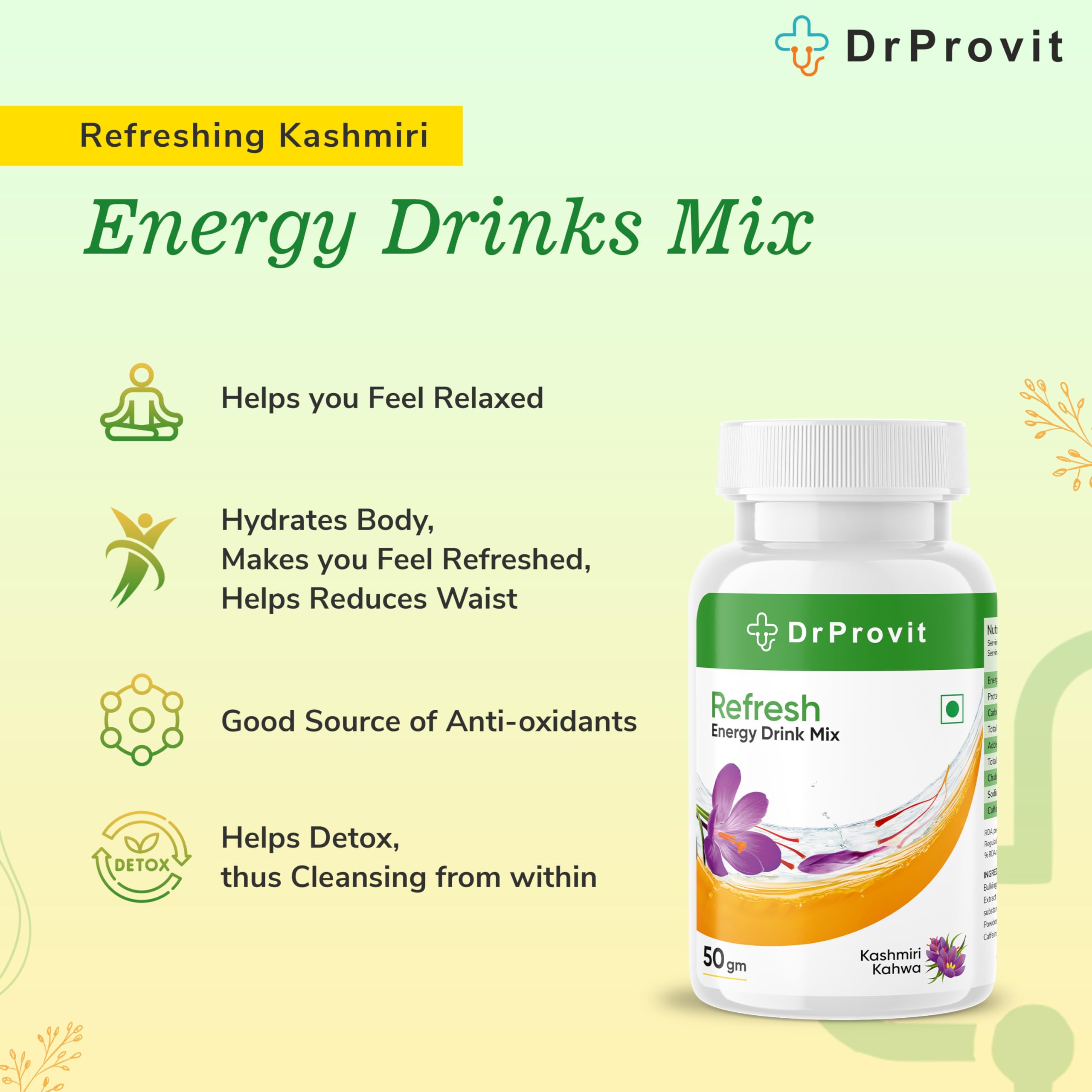 Dr.Provit Refresh Energy Drink Mix - 50 Servings, Kashmiri Kahwa Flavor (50g) | Boost Energy & Focus | Perfect for Workouts, Study & Travel