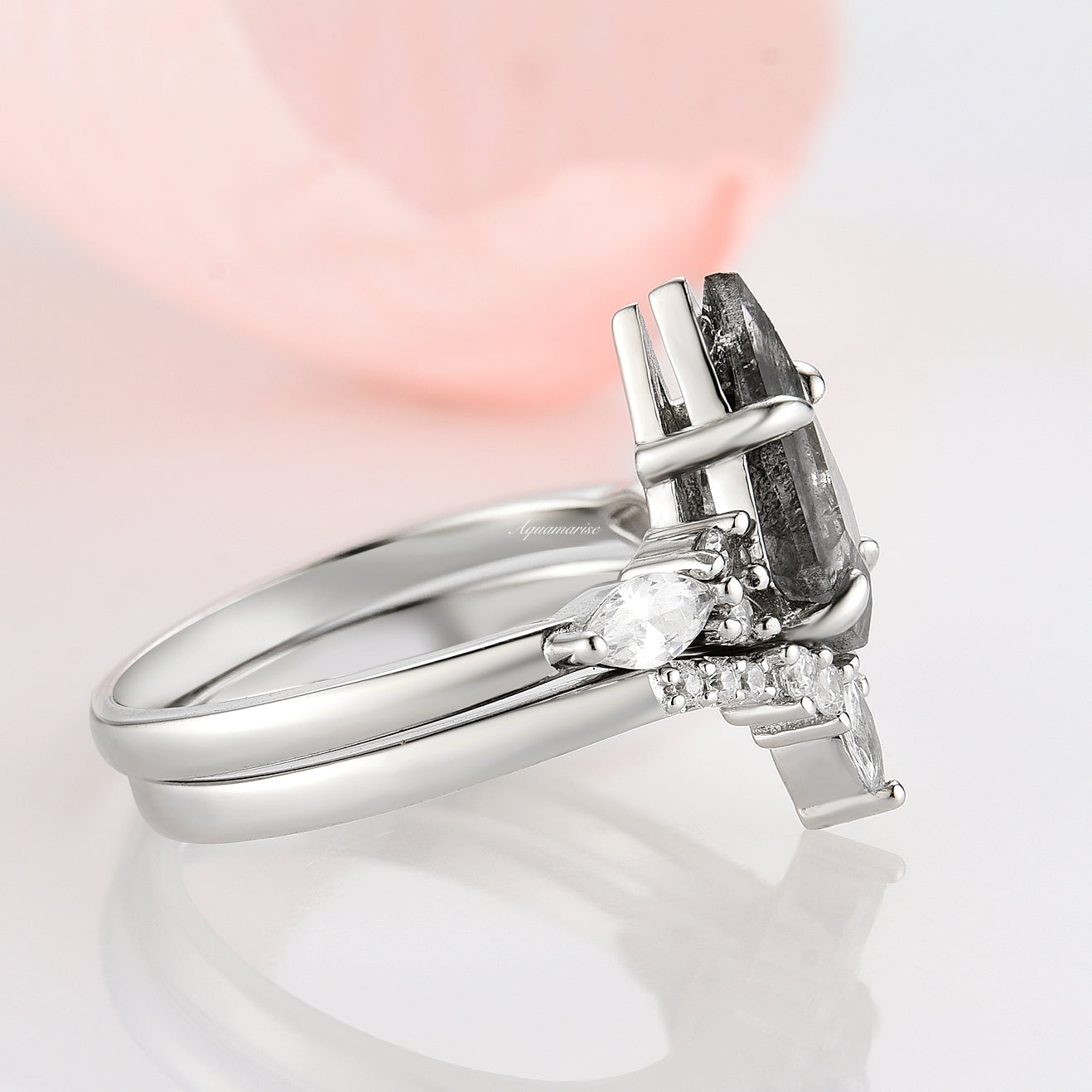 Skye Kite™ Galaxy Raw Salt & Pepper Diamond Ring Set - 925 Sterling Silver Herkimer Diamond Jewelry for Women, Wedding, Anniversary & Special Occasion Gifts
