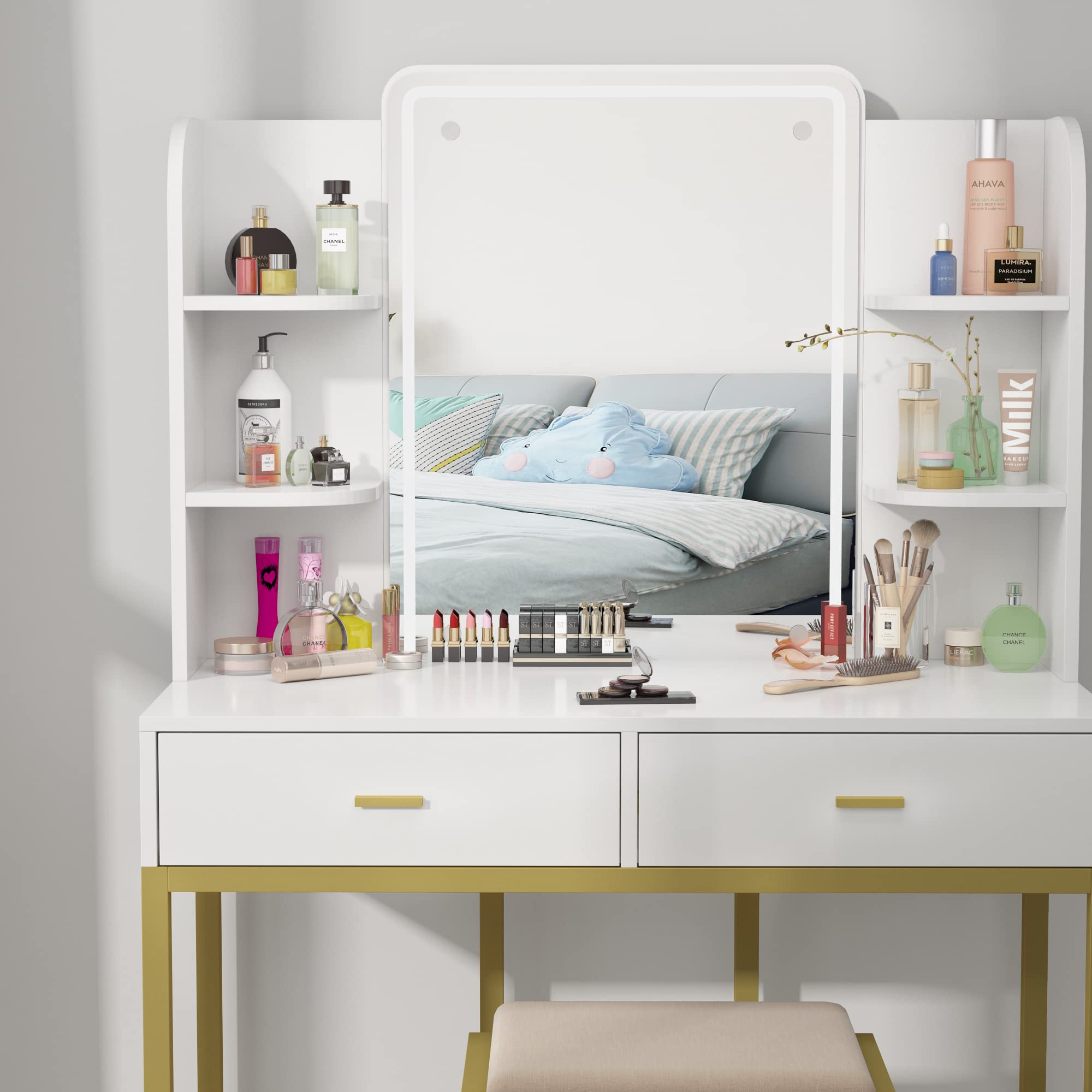 Lighted Makeup Vanity Set with Mirror & Stool - Gold-White Dresser for Bedroom Beauty