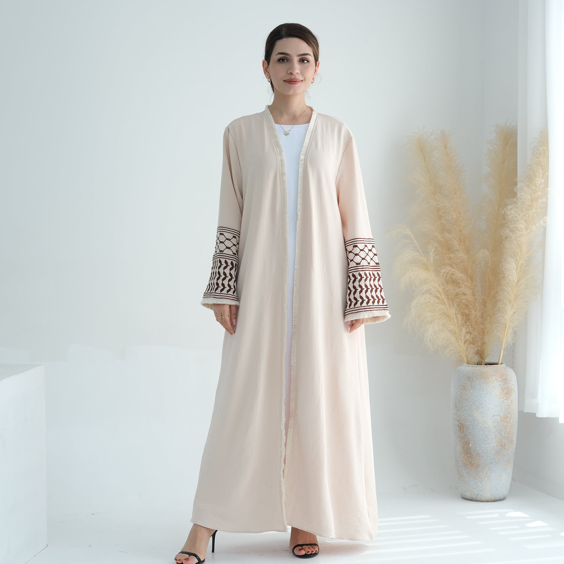 Elegant Kufiya Open Abaya Set in Sand Color - Modest Muslim Prayer Dress for Women - Perfect for Eid, Ramadan & Special Occasions