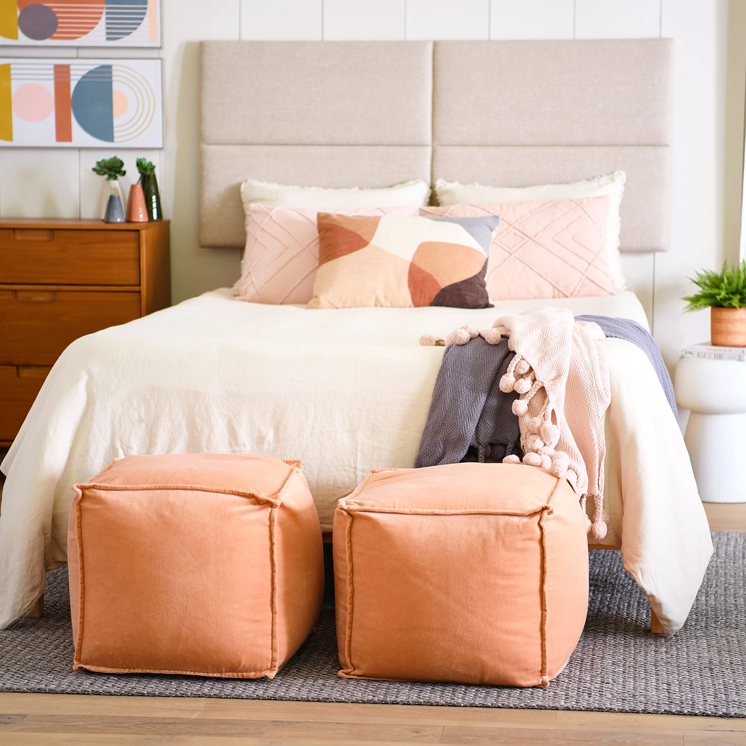 Sound Reducing Four Panel Linen Blend Upholstered Headboard - Noise Dampening Bedroom Decor, Natural Linen Queen Size Headboard for Master Bedroom & Guest Room