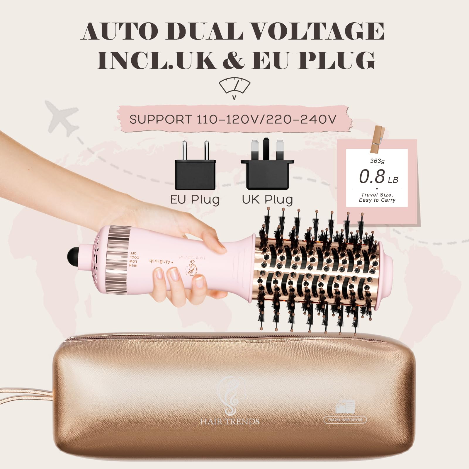 Dual Voltage Travel Hair Dryer Brush - Mini Hot Air Styler & Blow Dryer for European & US Use | Nano Titanium 2-Inch Oval Hair Volumizer | Perfect for Travel, Home & Salon Styling