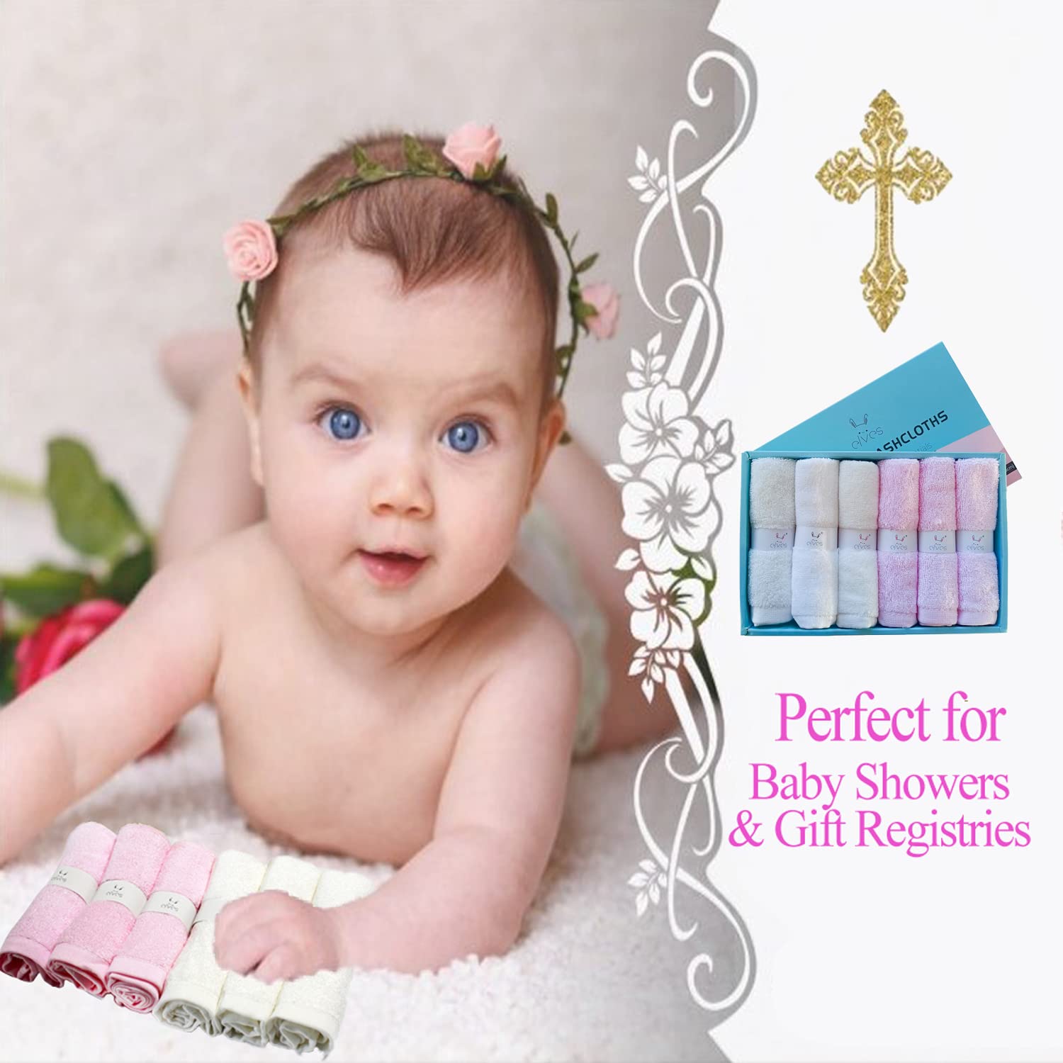 Elves Bamboo Viscose Baby Washcloths Set of 6 - Ultra Soft Face & Body Wash Towels for Newborns - Gentle Baby Girl Washcloths (White & Pink) - Perfect for Bath Time, Sensitive Skin Care & Nursery Essentials