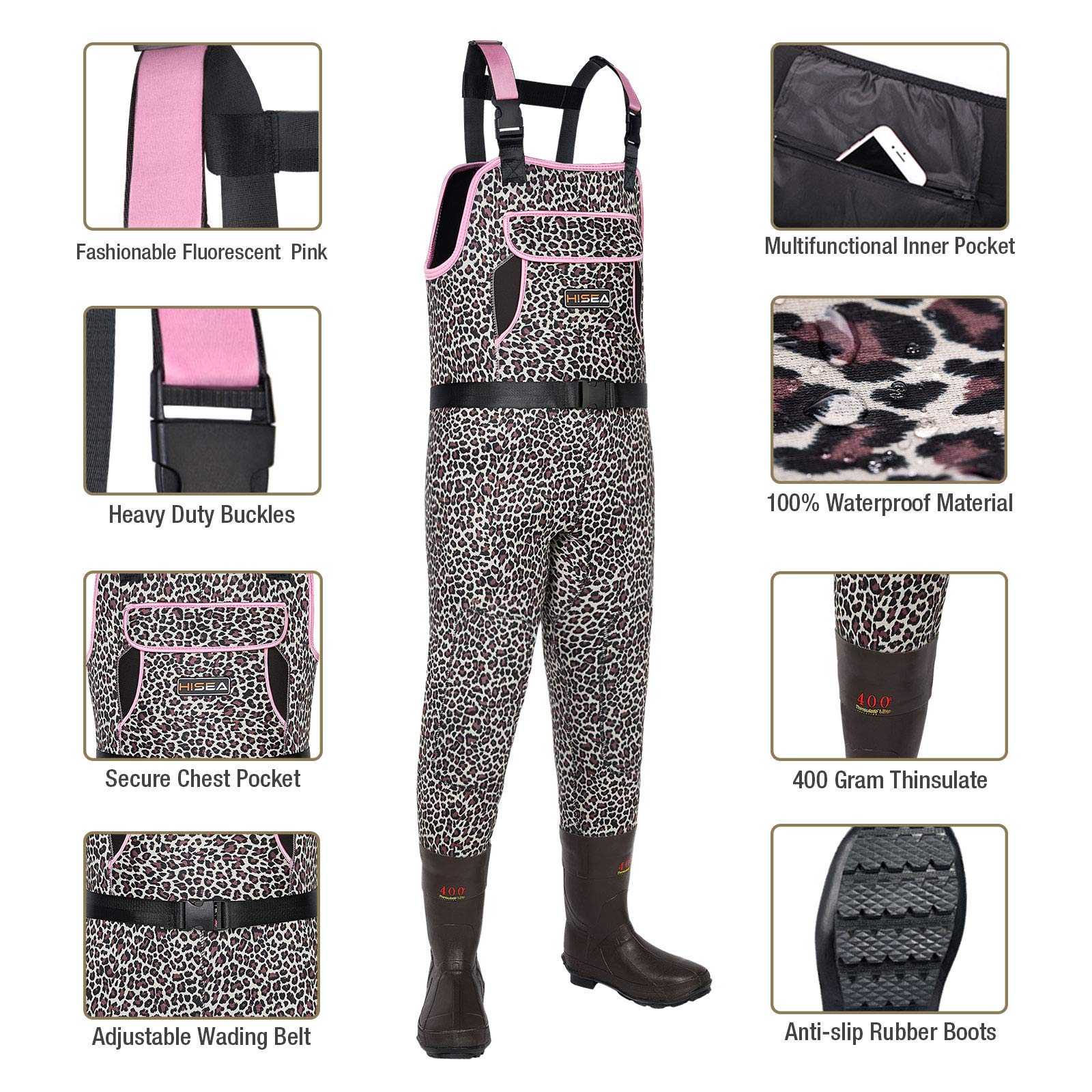 HISEA Women's Neoprene Chest Waders with Boots - Waterproof Duck Hunting & Fishing Waders for Women (Leopard Print) - Perfect for Outdoor Adventures, Marsh Hunting, and Stream Fishing