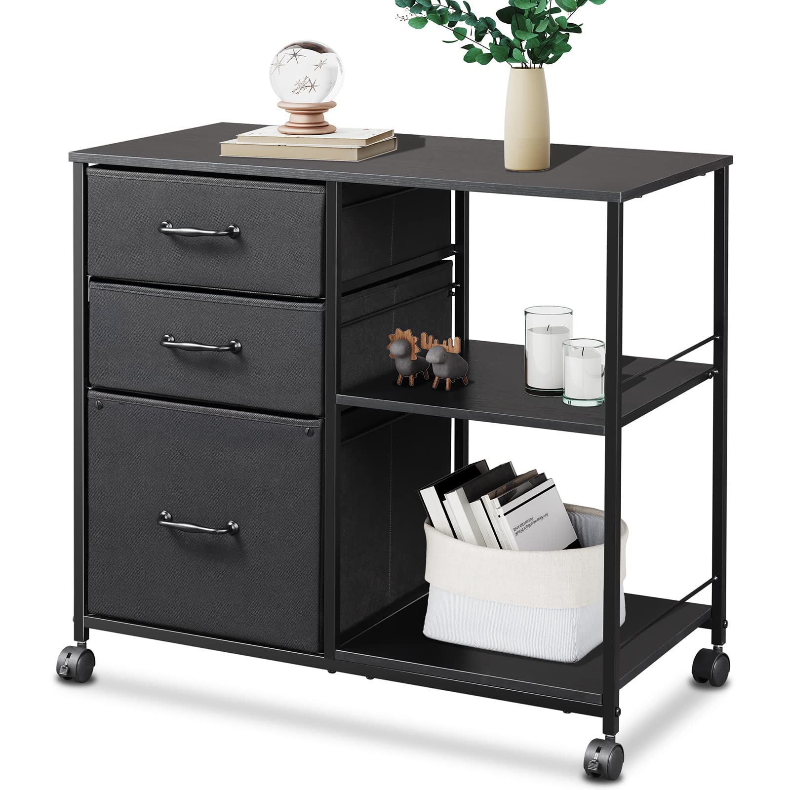 3-Drawer Mobile File Cabinet with Wheels - Rolling Printer Stand with 2 Open Shelves, Fabric Lateral Storage for A4/Letter Size - Perfect for Home Office Organization (Black) | Ideal for Document Storage, Printer Organization & Small Space Solutions