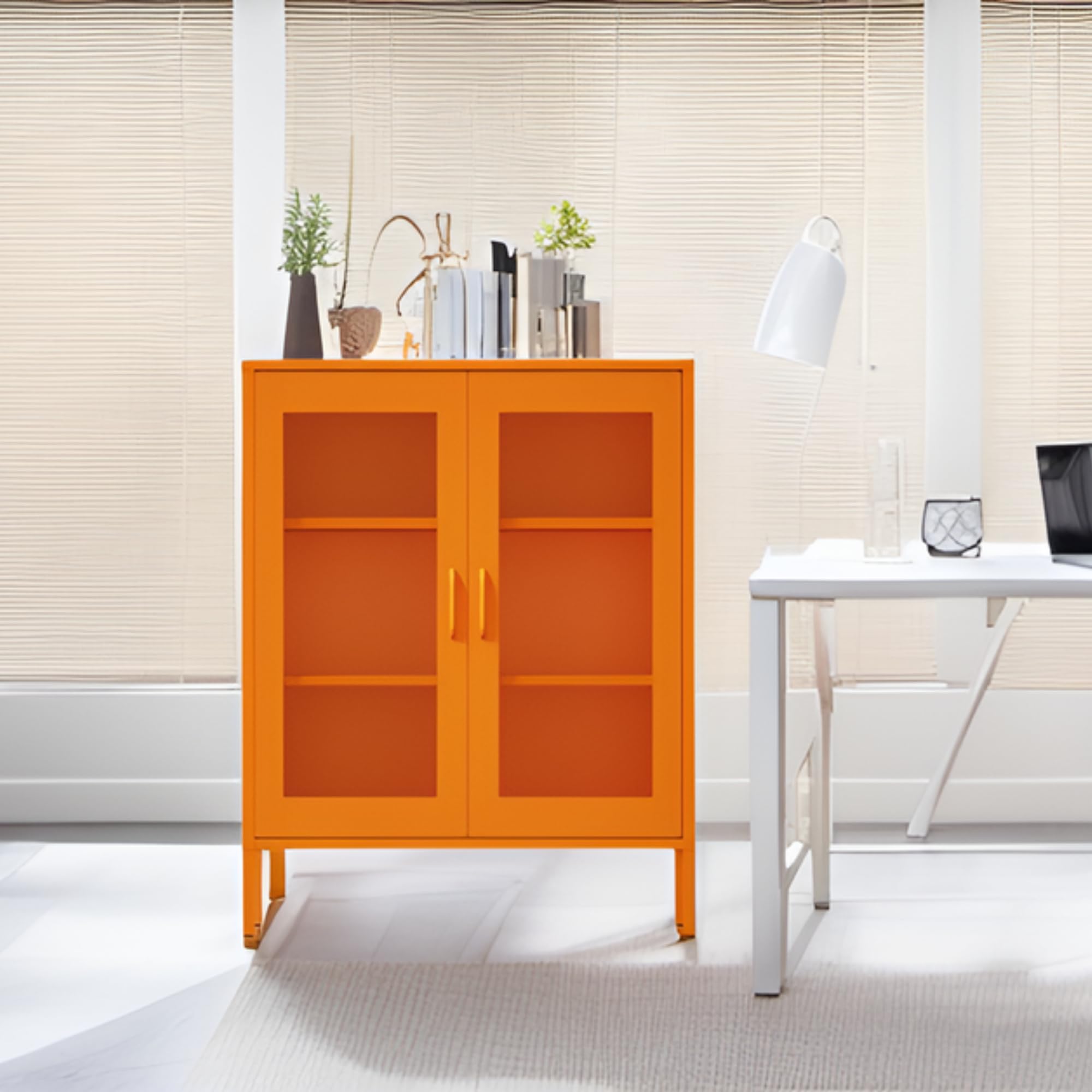 Steel Mesh Door Storage Cabinet with Adjustable Shelves - Metal Office Locker for Home, Garage & Workspace Organization (Orange)