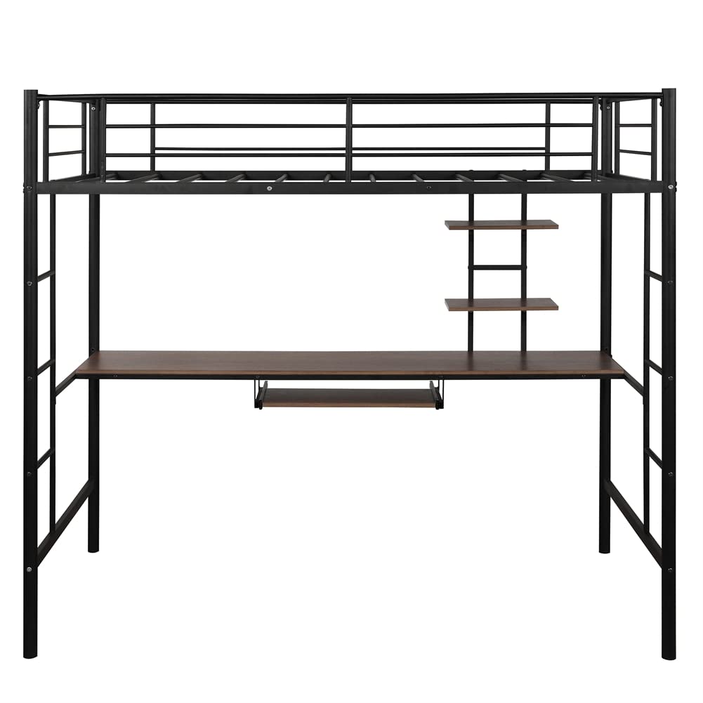 Twin Size Loft Bed Frame with MDF Desk & Storage Shelves - Metal Bedroom Furniture with Guardrails & Ladder - Space-Saving Workstation for Small Apartments, Dorms, Kids Rooms & Home Offices