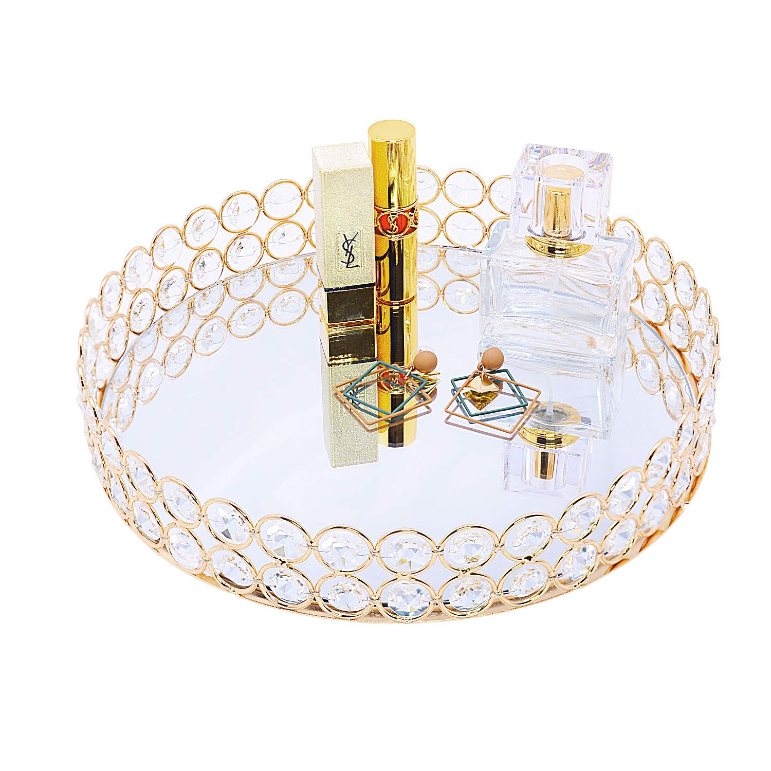 VoiceFly Crystal Cosmetic Makeup Vanity Tray - Rose Gold Jewelry Organizer & Decorative Display Tray for Perfumes, Trinkets, Skincare Products | Perfect for Dresser Top, Bathroom Counter & Bedroom Decor