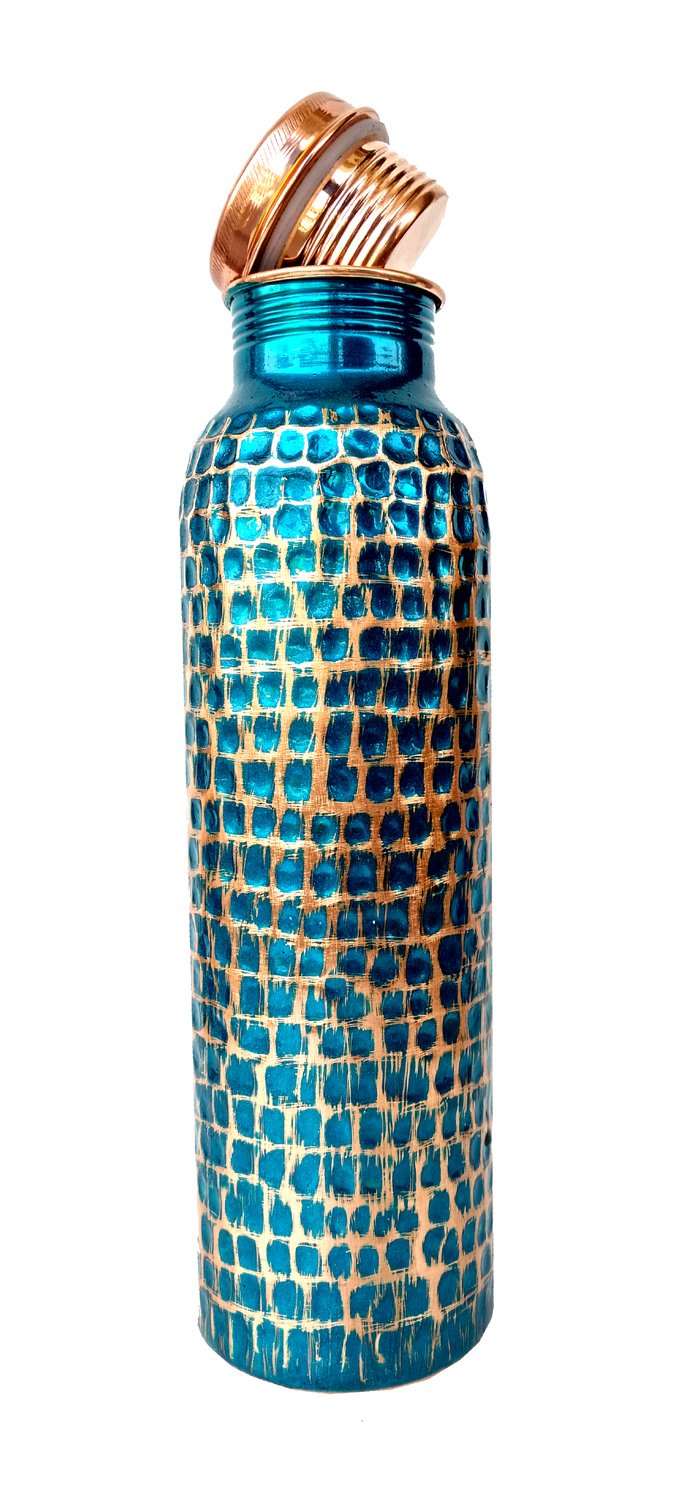Pure Copper Hammered Water Storage Tank & Bottle Set - 4 Liter Capacity, Blue Pot with Tumbler - Traditional Handcrafted Copperware for Ayurvedic Water Purification, Home Decor & Wellness Rituals