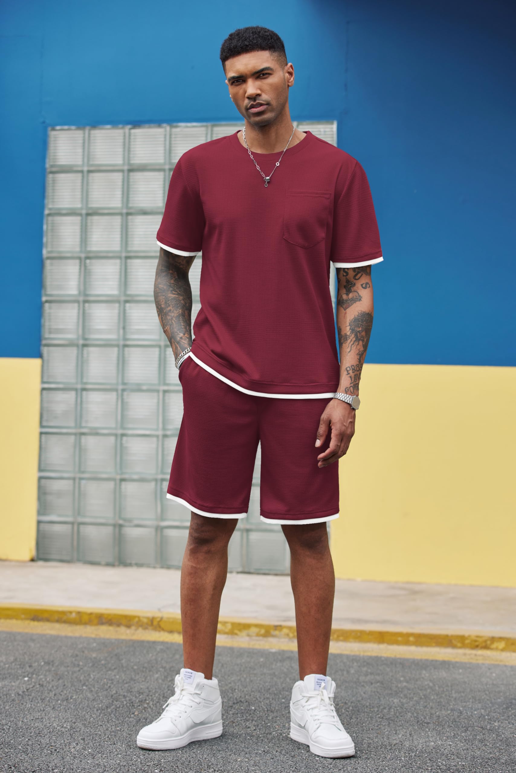 COOFANDY Men's Waffle Knit Shirt & Shorts 2-Piece Lounge Set - Breathable Summer Tracksuit with Pockets | Casual Outfit for Home, Beach & Vacation
