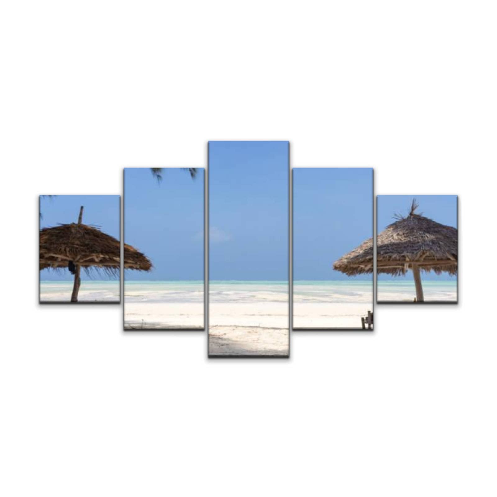 5-Panel Beach Umbrella Lounge Chairs Wall Art - Stretched Canvas Print of Scenic Seascape with White Sand, Modern Framed Painting for Living Room, Bedroom & Office Decor | Coastal Home Decor, Vacation House Wall Art