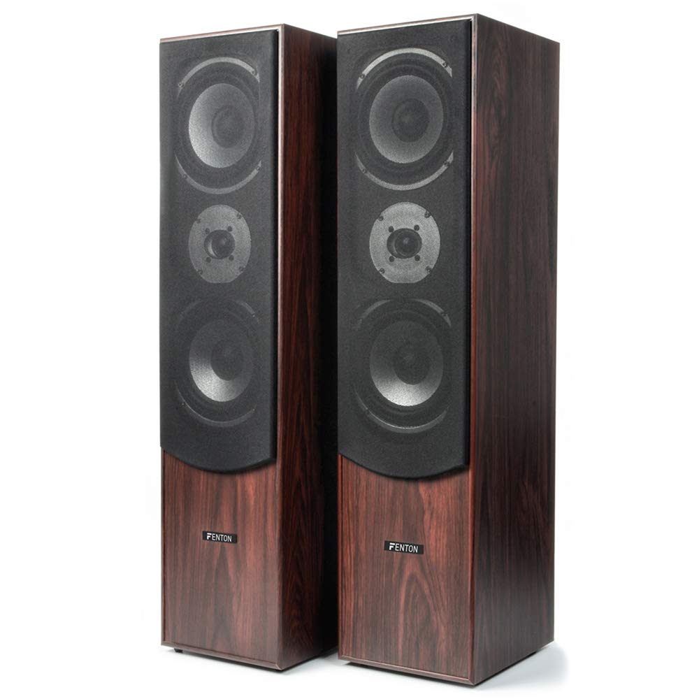 Fenton 5.0 Surround Sound Speaker System - 1150W Home Theater Speakers with Walnut Finish, 3-Way Tower & 2-Way Satellite Speakers, Wall Mountable - Perfect for Movie Nights, Gaming, and Music Listening