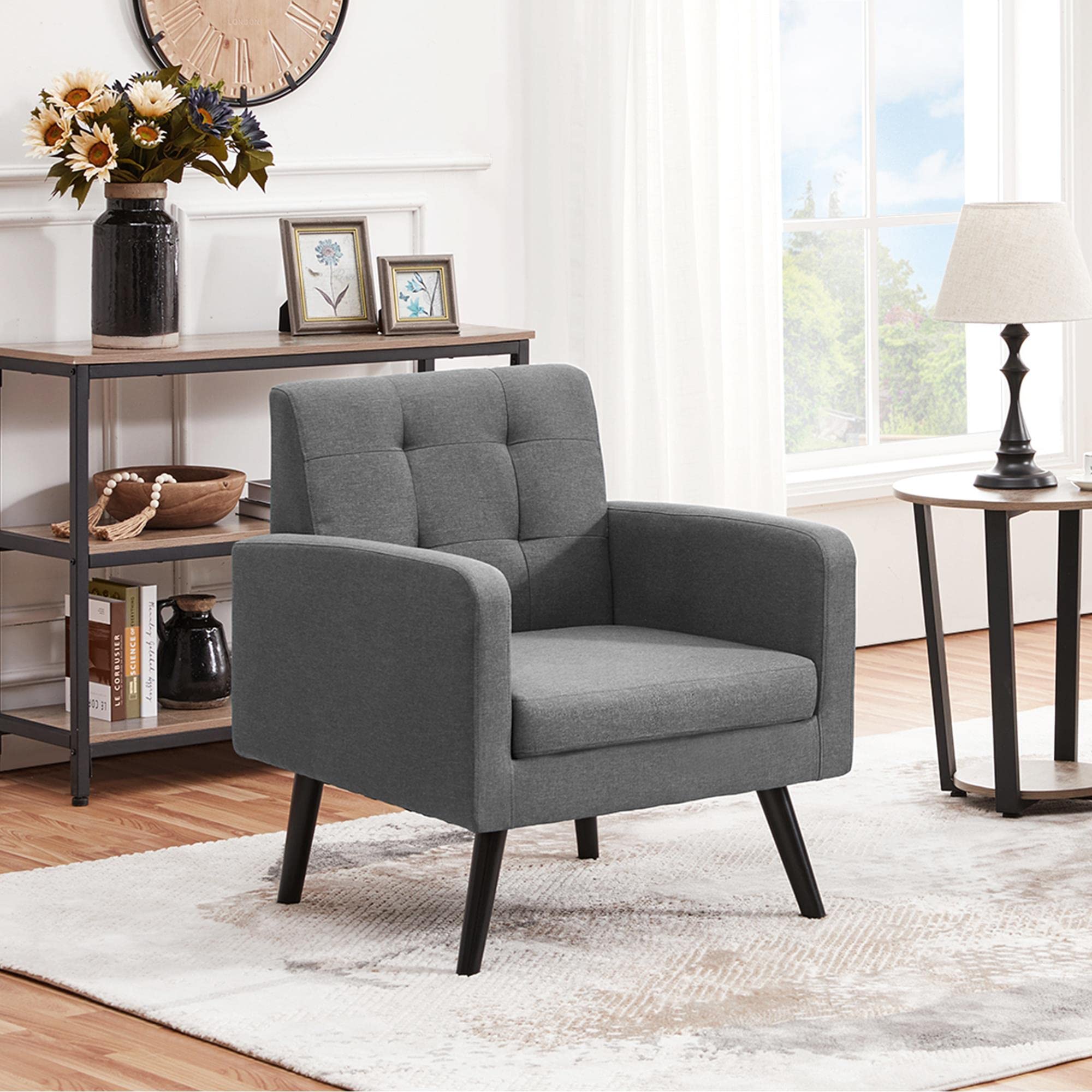 Yaheetech Mid-Century Modern Accent Chairs Set of 2 - Gray Upholstered Living Room Armchairs with Button Tufted Back & Wooden Legs - Cozy Lounge Chairs for Bedroom, Office, Cafe & Reading Nook