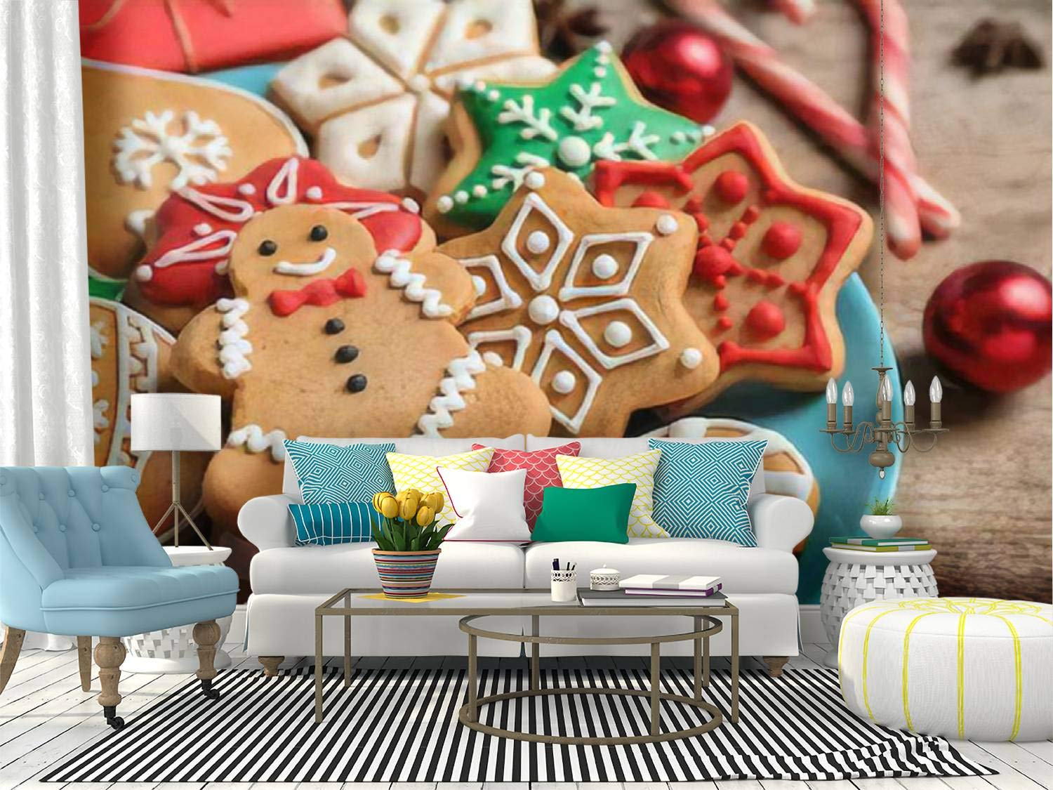 RECETHROWS Peel and Stick Wallpaper - Christmas Cookies on Blue Plate Wall Mural, Self-Adhesive Removable Vinyl Film for Home Decor | Perfect for Kitchen, Dining Room & Holiday Decoration