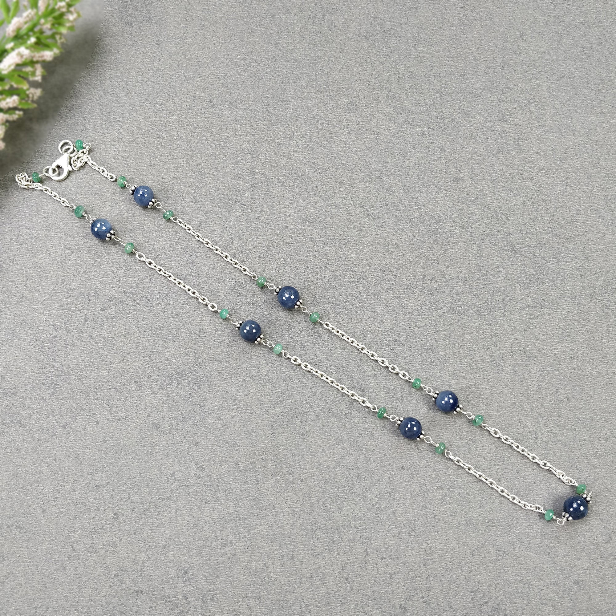 Natural Blue Sapphire & Emerald Beads Necklace - 925 Sterling Silver Chain Jewelry for Women | Elegant Gift for Her, Birthday, Anniversary & Special Occasions | Perfect for Weddings, Parties & Everyday Wear