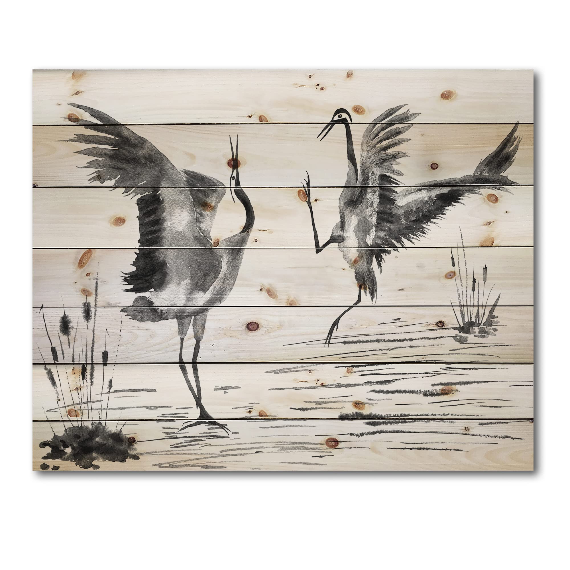 DesignQ Traditional Japanese Cranes Wood Wall Art - Handcrafted Grey Pine Wood Panel Decor with Two Enamored Birds for Living Room, Bedroom & Office