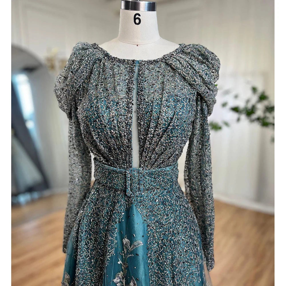Luxury Dubai Blue Muslim Lace Beaded Evening Gowns for Women - Elegant A-Line Long Sleeve Wedding Party Dresses 2025 | Perfect for Formal Events, Bridal Showers & Special Occasions