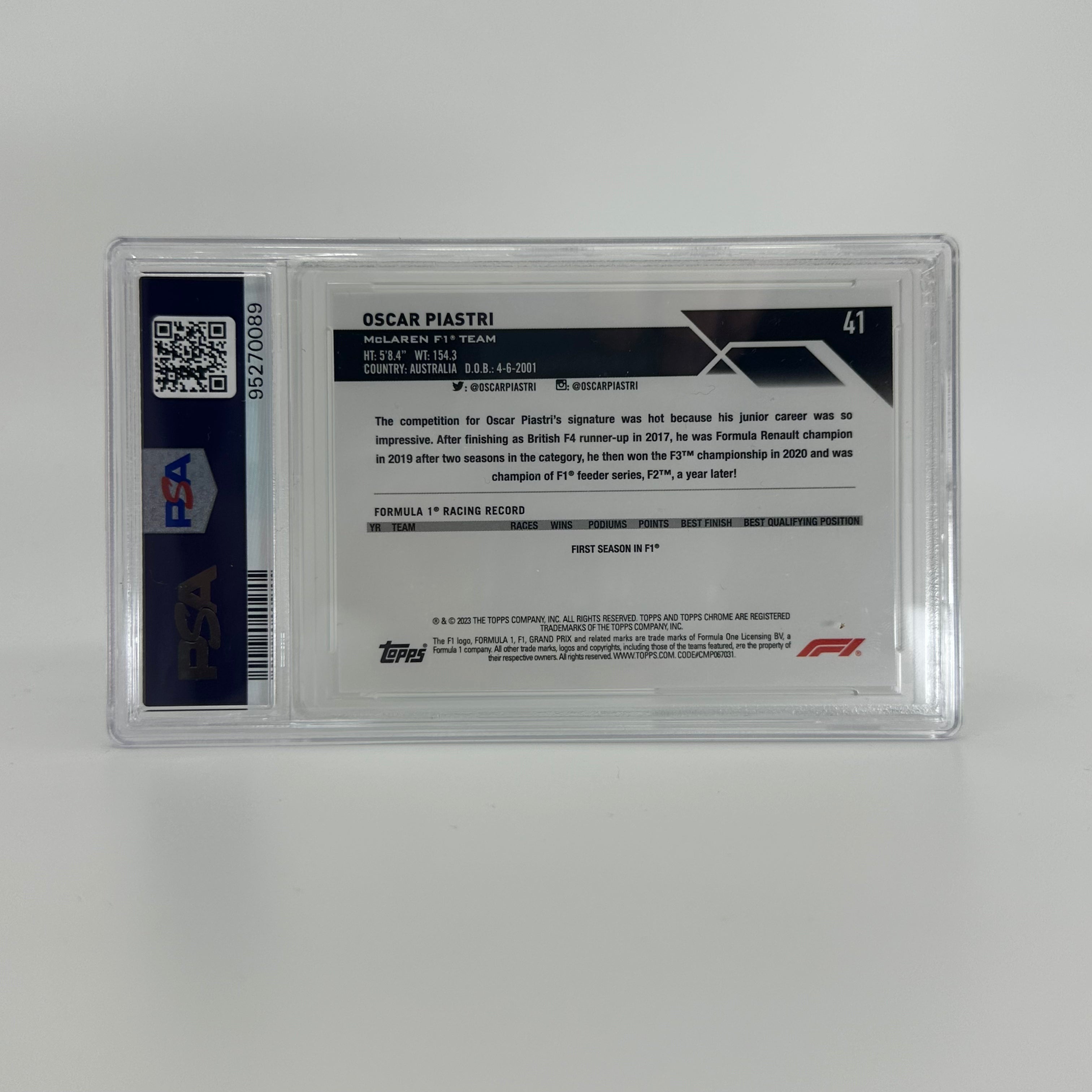 2023 Topps Chrome F1 Oscar Piastri #41 PSA 9 Rookie Card - Aqua Sapphire Edition 25/99 | Collectible Trading Card for F1 Fans & Sports Memorabilia Enthusiasts
