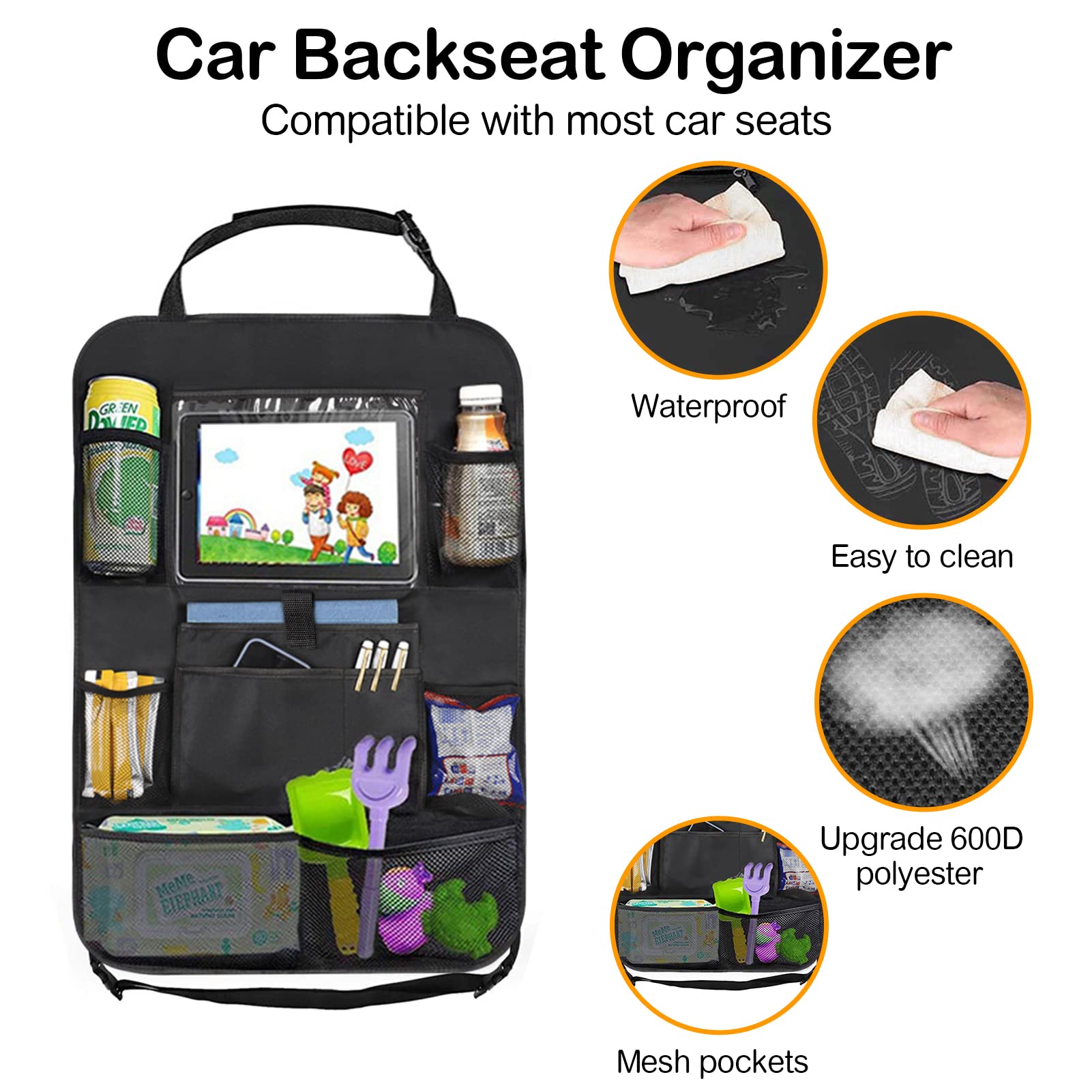 Durable Waterproof Car Backseat Organizer with Tablet Holder - 2 Pack Oxford Fabric Storage for Kids Toys & Snacks - 8 Mesh Pockets & 2 Large Pockets - Perfect for Road Trips & Family Travel Accessories