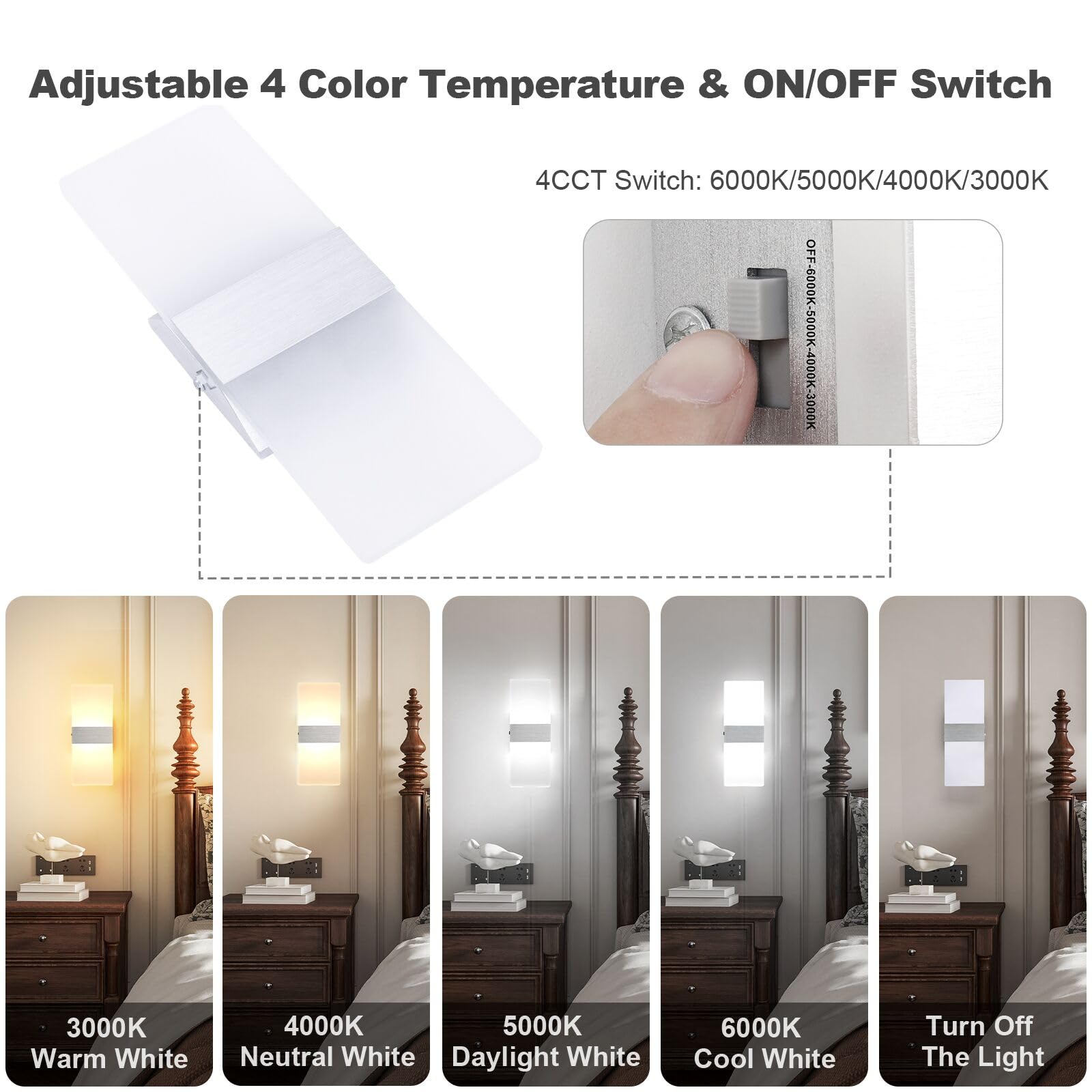 TRLIFE Dimmable LED Wall Sconces - 12W Modern Wall Mounted Light Fixtures with 4 Adjustable Color Temperatures (Set of 2, Silver) | Perfect for Bedroom, Living Room, Hallway & Stairway Lighting