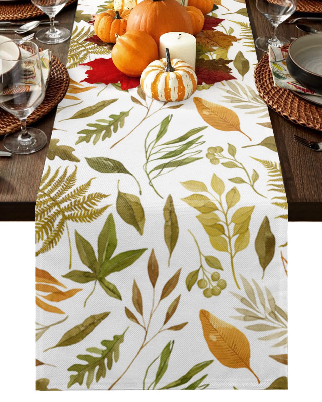 72 Inch Cotton Linen Table Runner - Fall Leaf Pattern Kitchen & Dining Table Decor, Rustic Farmhouse Style for Autumn Weddings, Banquets & Coffee Tables | Perfect for Thanksgiving, Christmas & Seasonal Home Decor