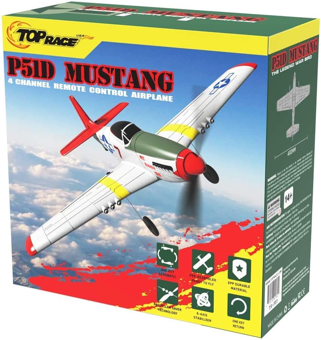 Top Race 4 Channel Ready to Fly RC Airplane for Adults - Advanced Remote Control Foam Plane, P51 Mustang & Cessna Style War Plane with Propeller Saver (14x15 Inch) - Perfect for Outdoor Flying, Hobbyists & RC Enthusiasts